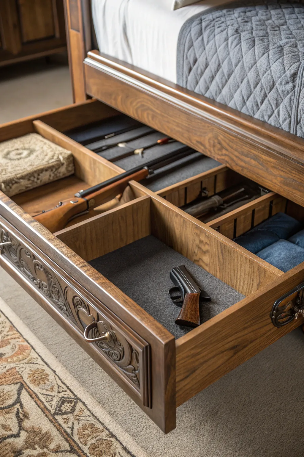 Elegance meets functionality: Discover the art of discreet firearm storage with this handcrafted under-bed drawer.