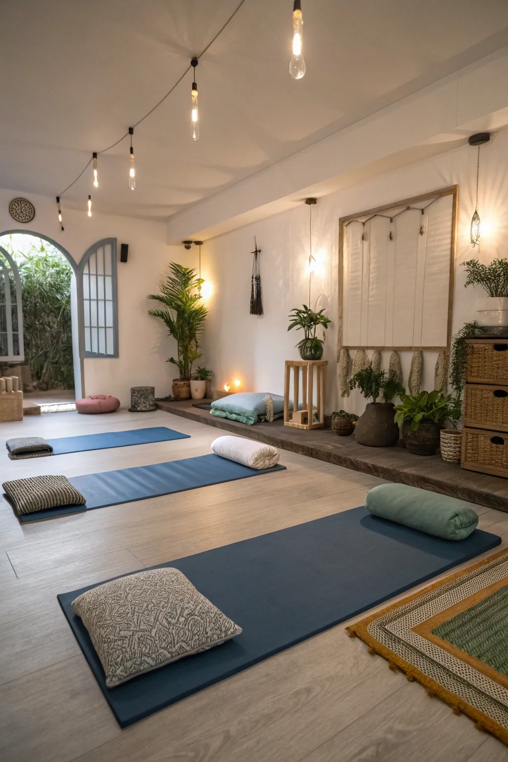 A dedicated yoga nook provides a peaceful space for practice.