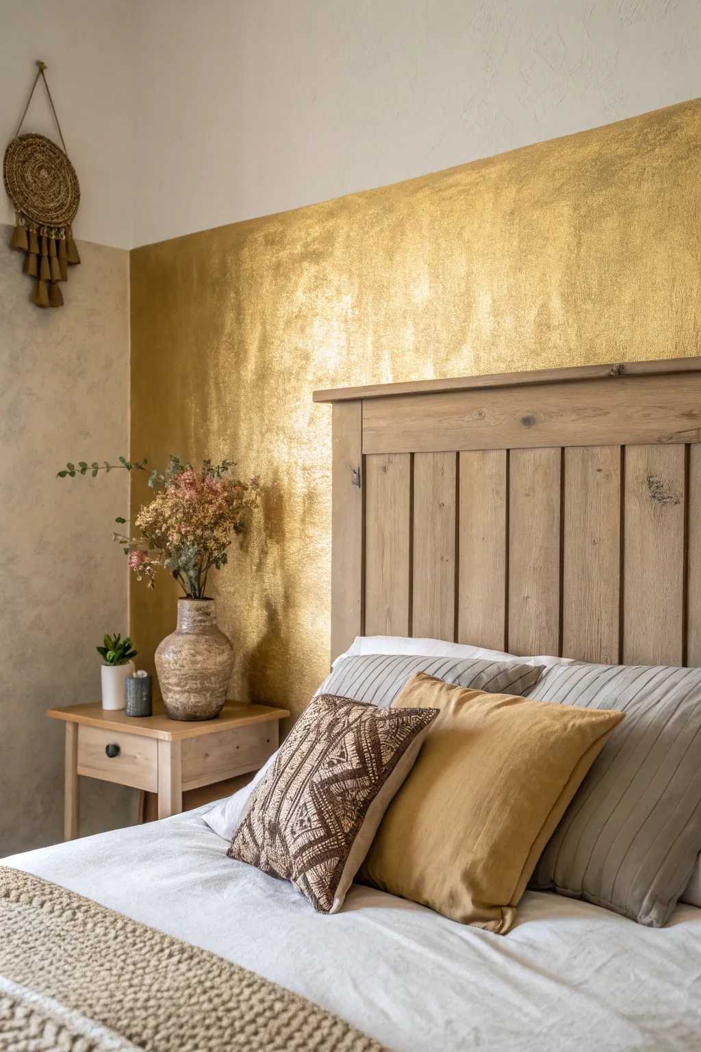 Transform your space with a touch of gold—elevate your room’s style with a shimmering metallic accent wall.