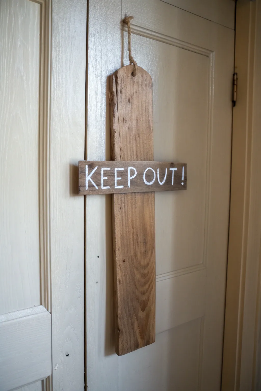 Add a touch of haunted charm with a handmade 'Keep Out!' sign for your Halloween door decor.