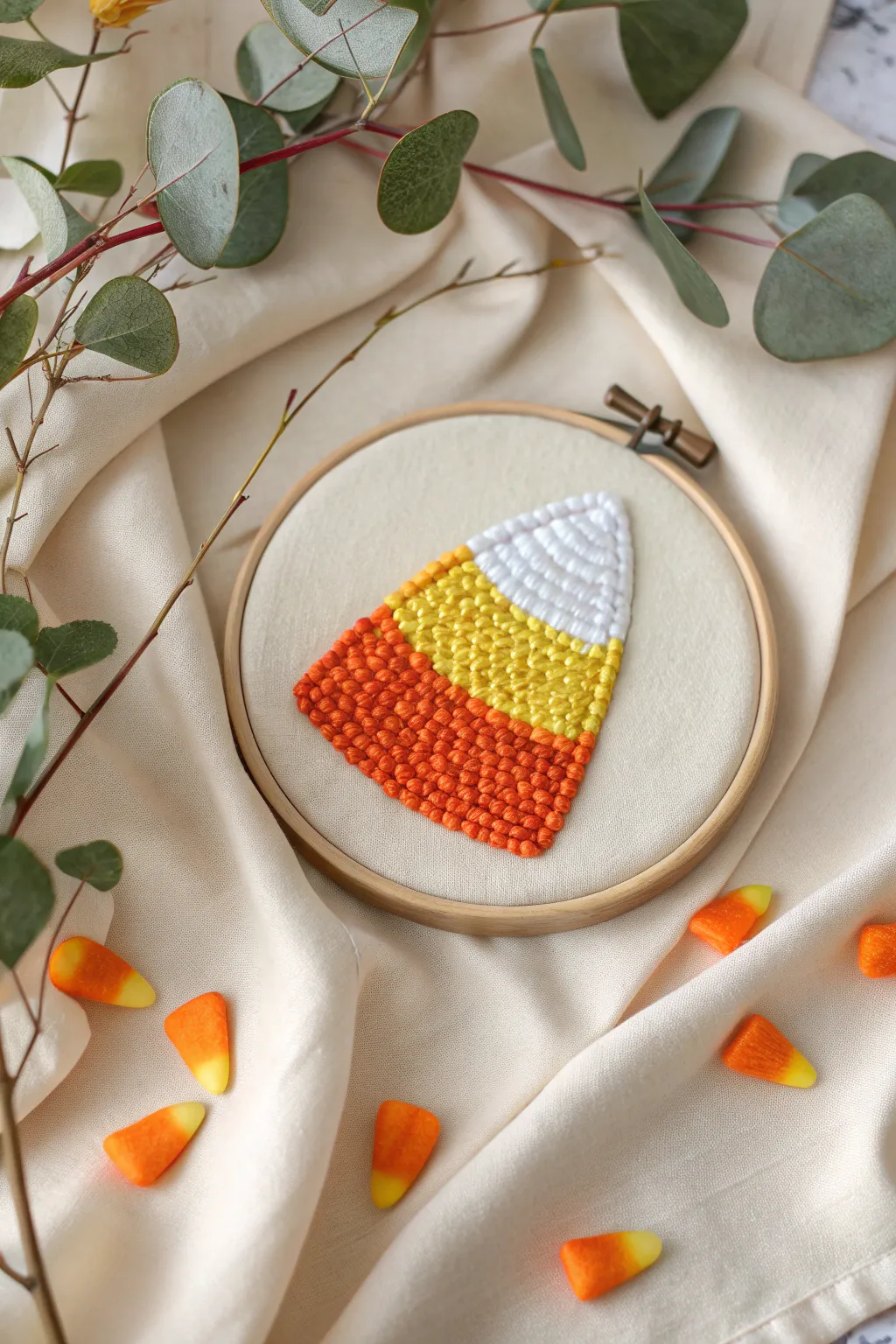 Add a sweet touch to your Halloween with charming candy corn embroidery.