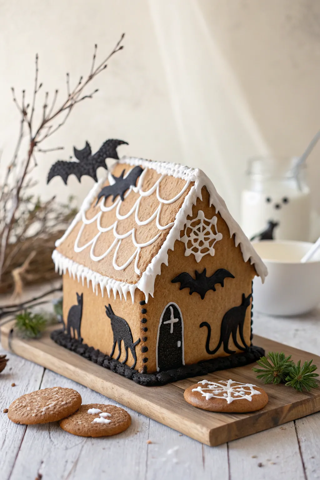 Elevate your Halloween decor with a touch of minimalist charm—bat and cat silhouettes add a mysterious vibe to this gingerbread masterpiece.