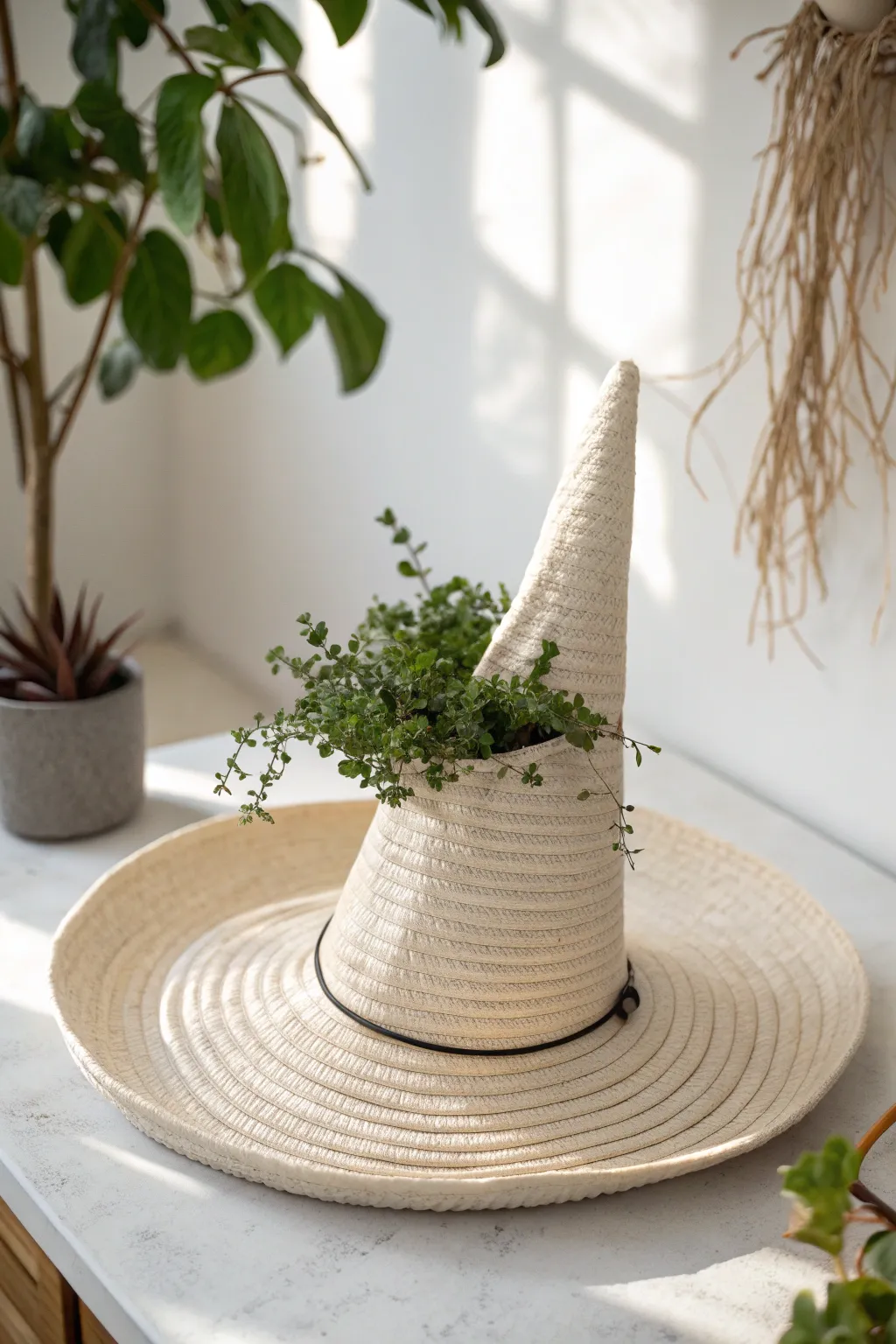 Add a touch of whimsical charm to your Halloween decor with this elegant witch hat planter.