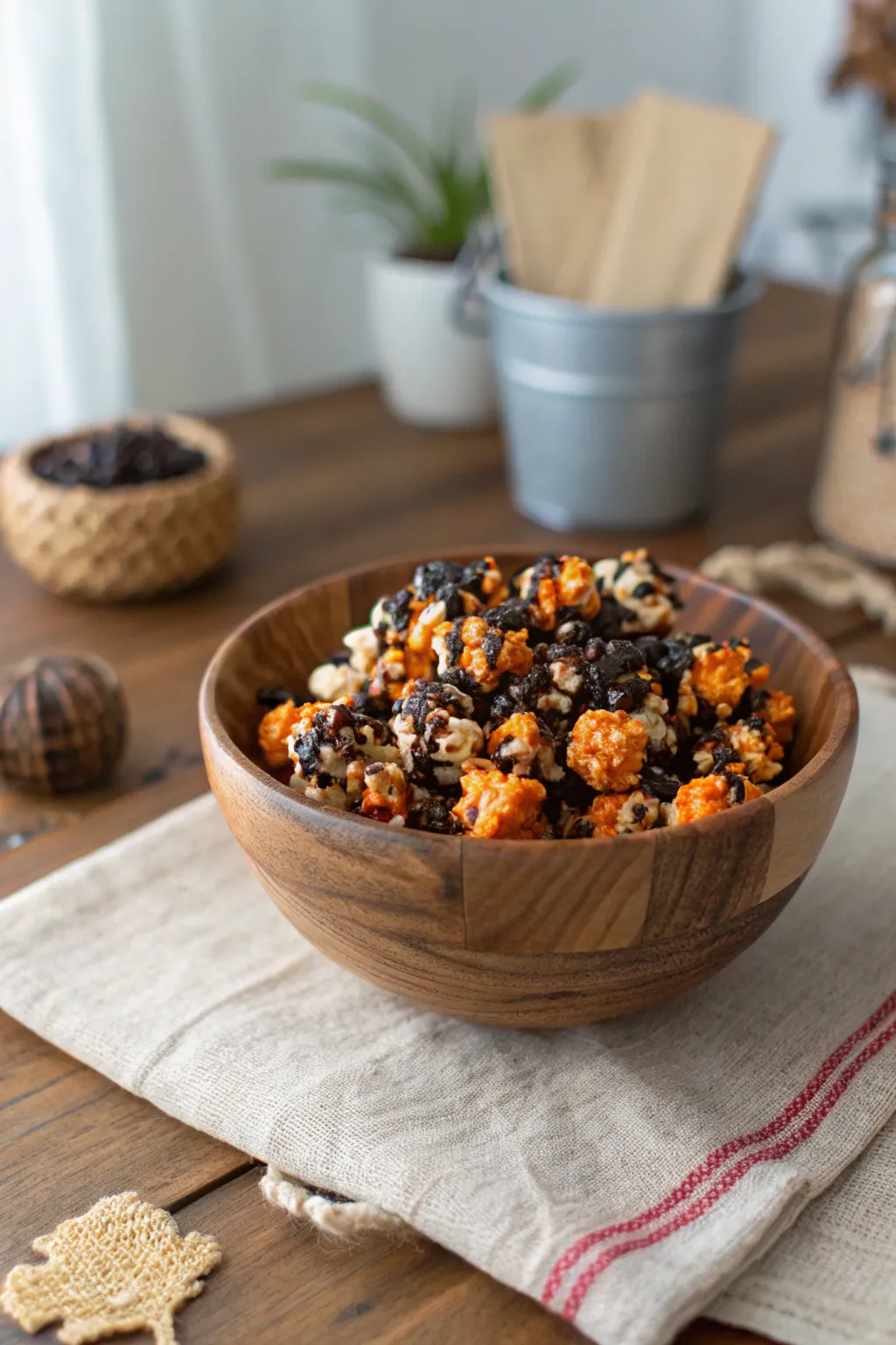 Elevate your Halloween table with this stunning black and orange popcorn mix!