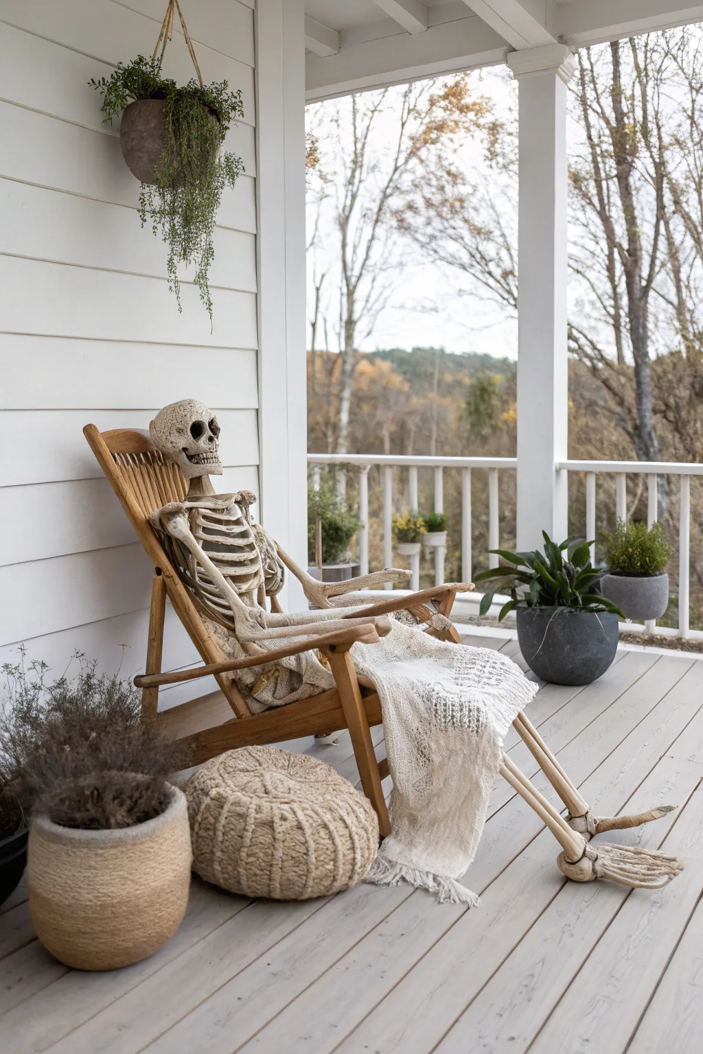 Chic and spooky: A minimalist porch with a playful skeleton twist.