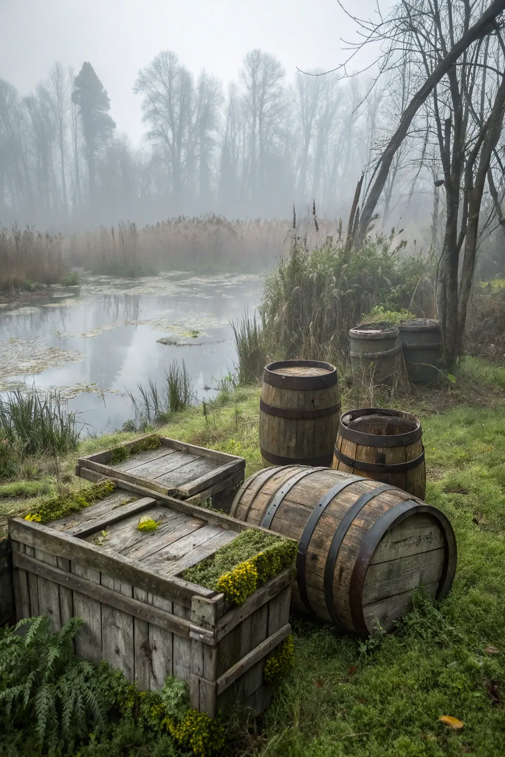 Enhance the rustic feel with barrels and crates.
