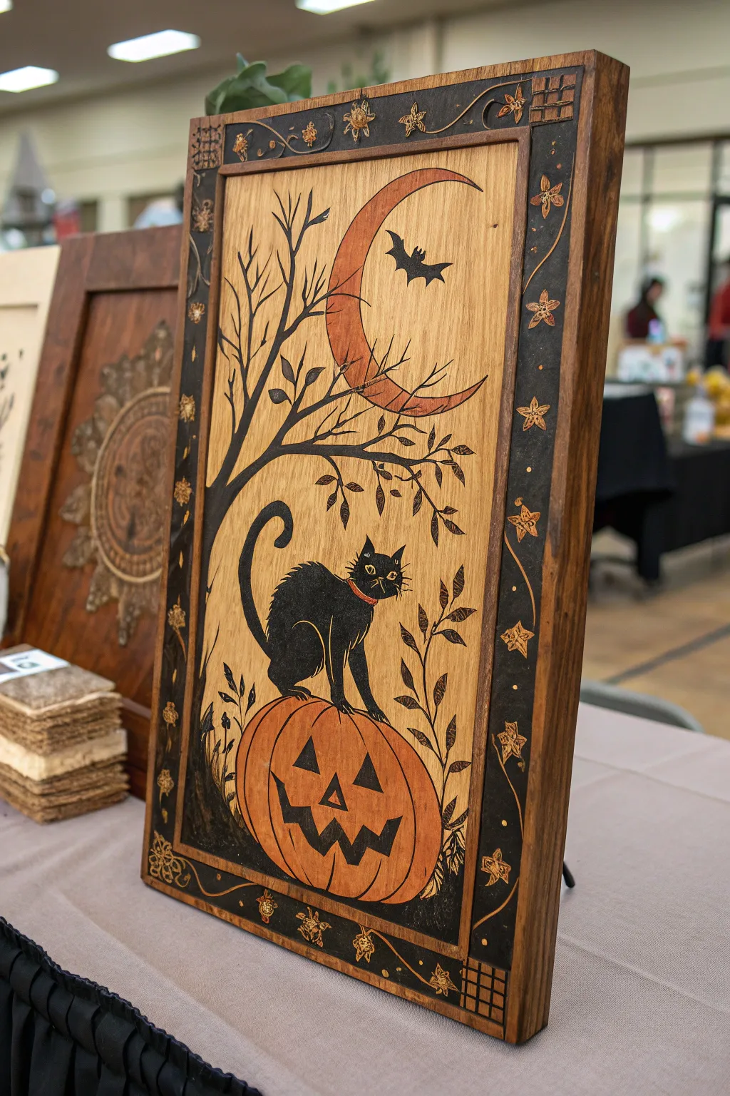 Embrace nostalgic eeriness with vintage Halloween wood burning art.
