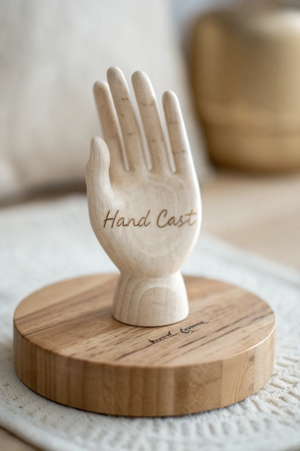 Elevate your art with personalized elegance: Hand casts on engraved wooden bases.