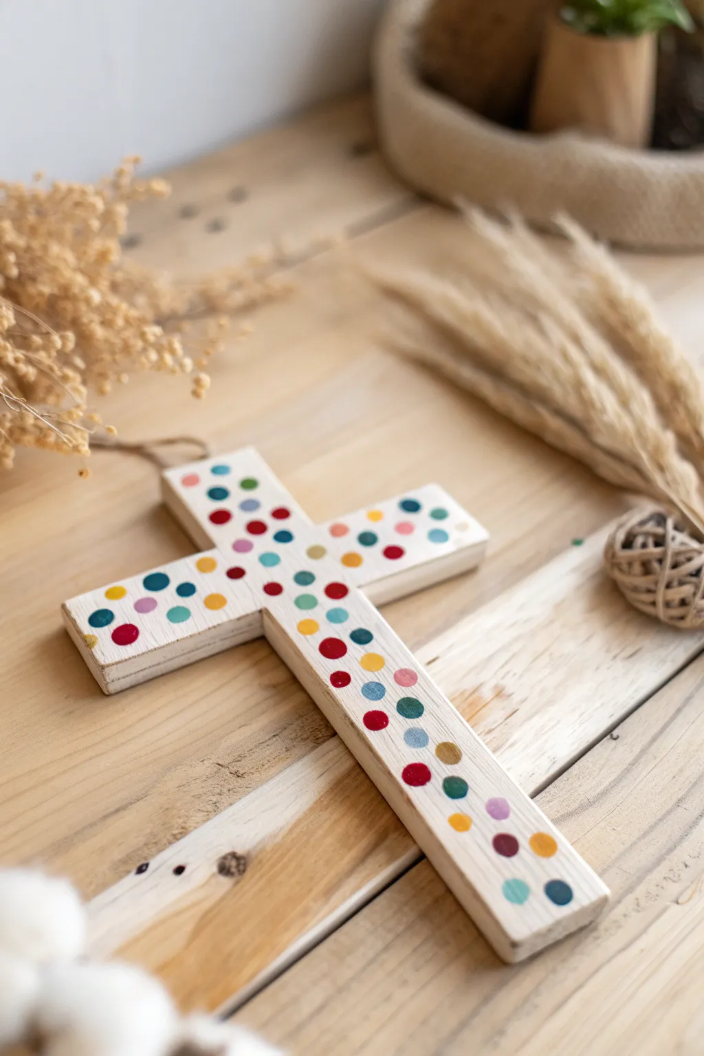 Whimsy meets craftsmanship with this playful polka-dotted wooden cross.