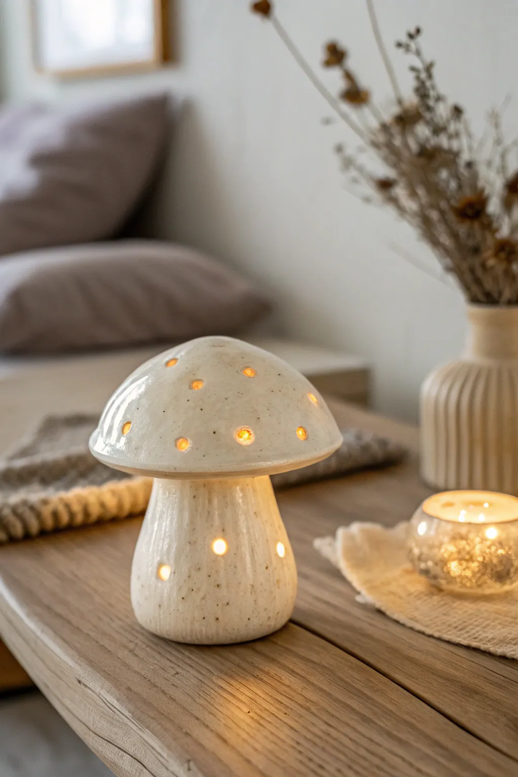 Illuminate your nights with the charming glow of a handmade ceramic mushroom light.