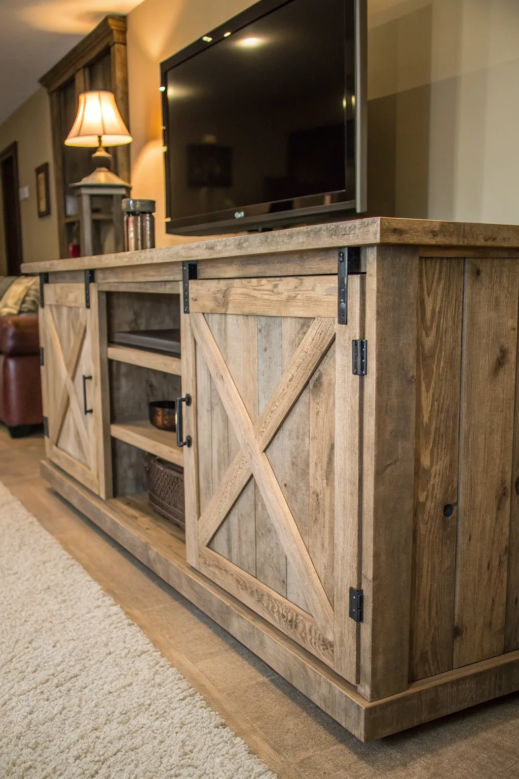 Transform your living room with a handcrafted rustic farmhouse TV stand, combining timeless style with artisanal charm.