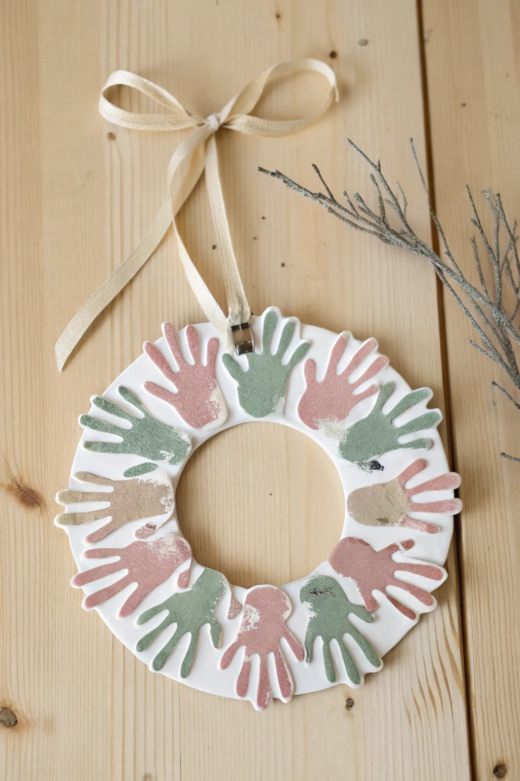 Capture the warmth of family togetherness with a handcrafted handprint wreath ornament.