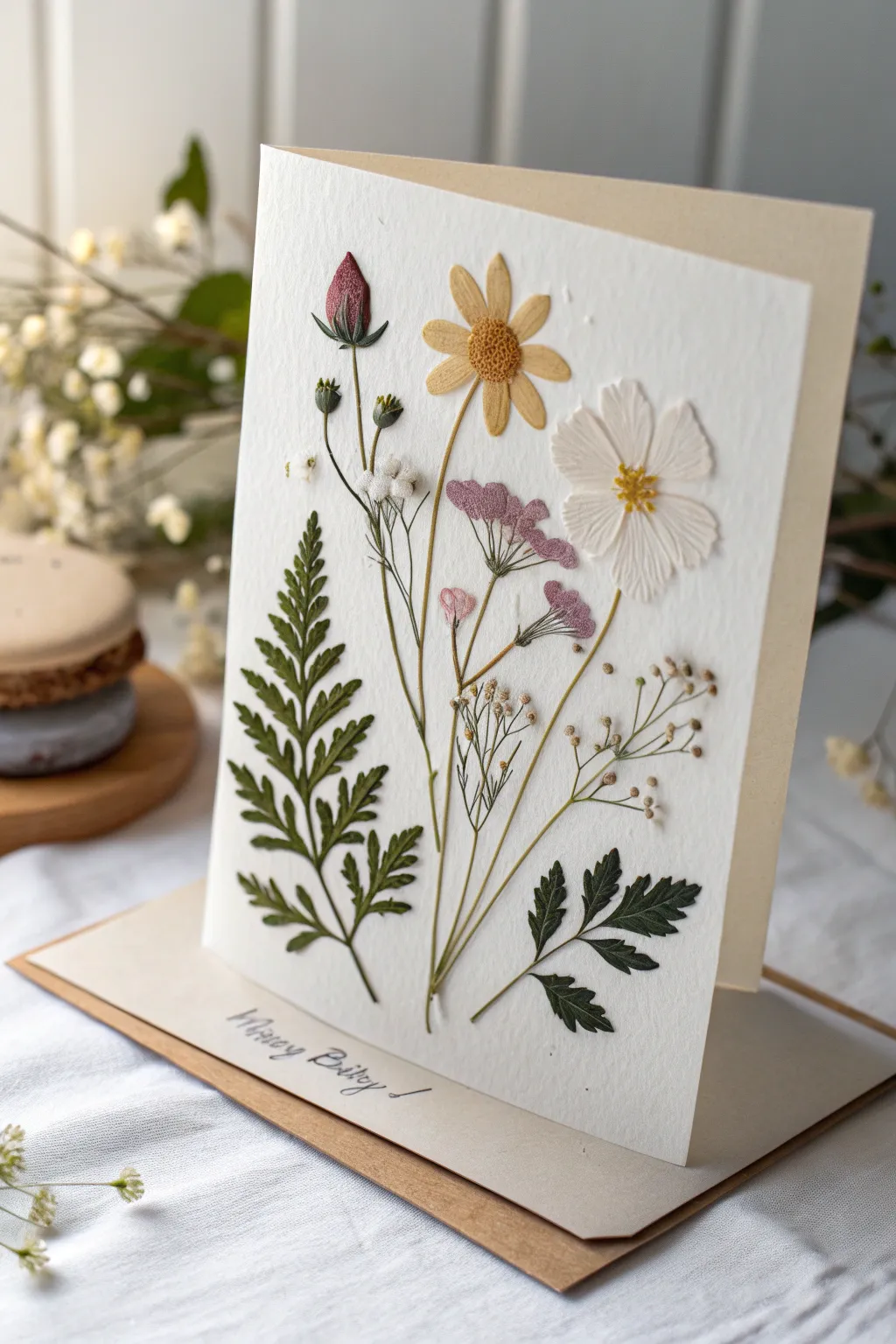 Celebrate with the charm of nature: A minimalist birthday card adorned with pressed floral elegance.