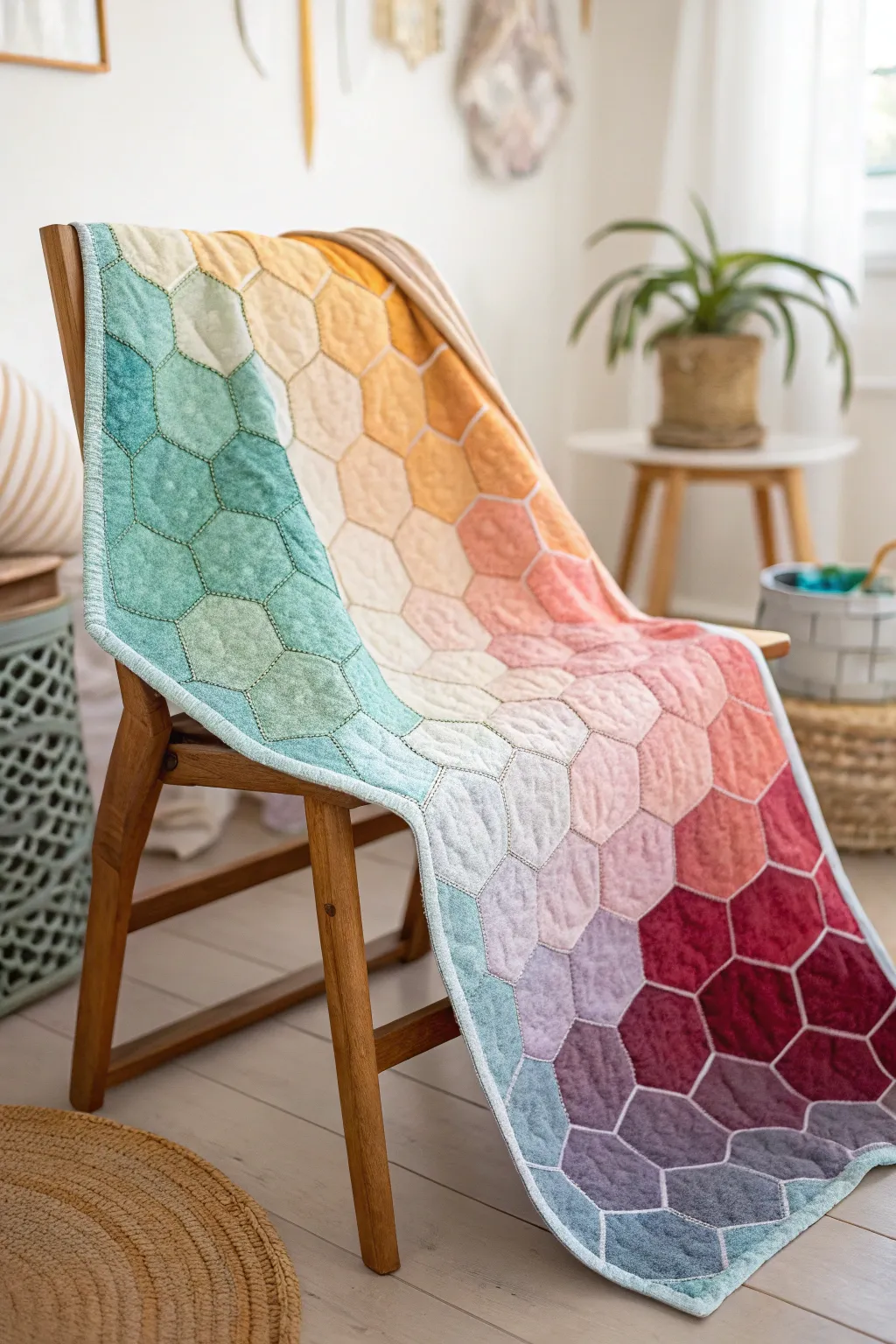 Embrace the flow with this ombre hexagon quilt—where craftsmanship meets minimalist elegance.