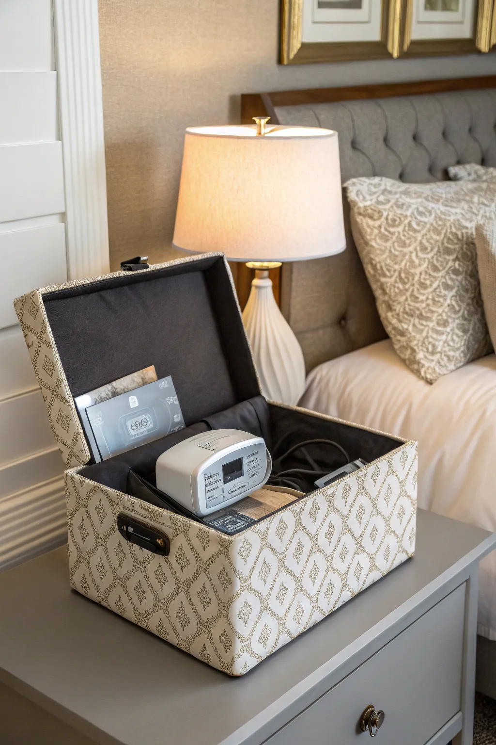 An elegant storage box conceals the CPAP machine with style.