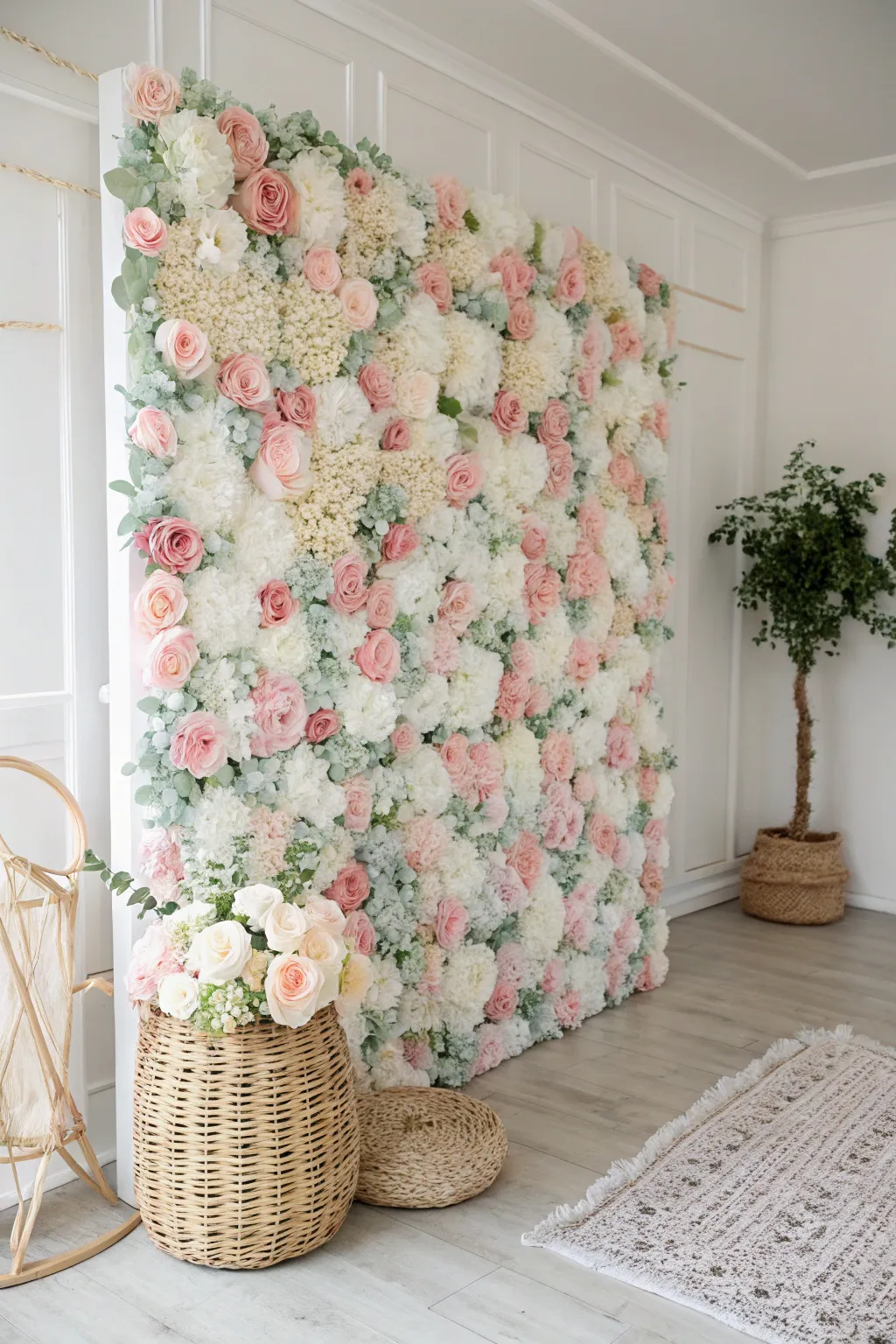 Transform your bridal shower with a stunning floral backdrop, blending Scandinavian simplicity with Boho elegance.