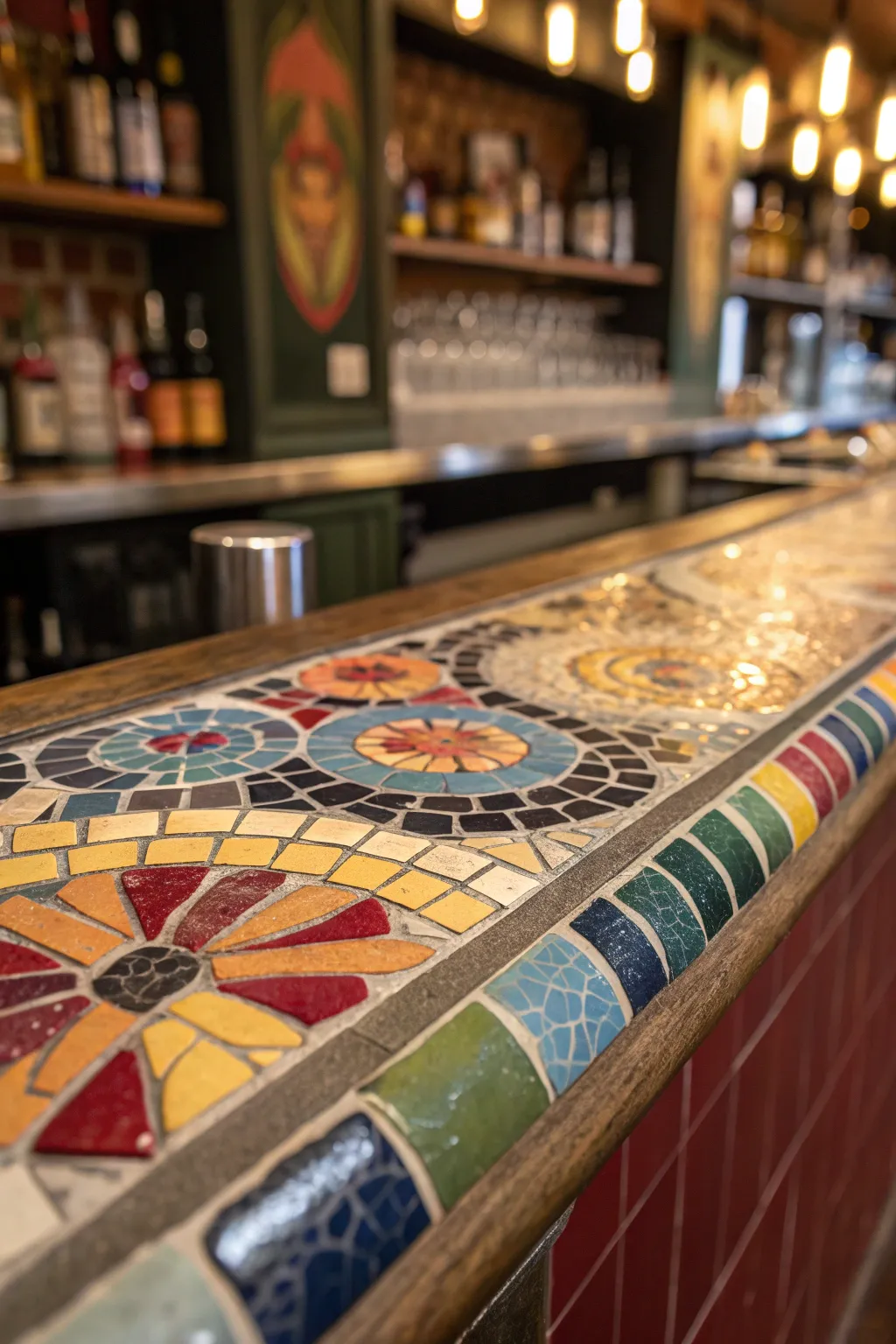 Transform your bar into a vibrant masterpiece with colorful mosaic tiles, where craftsmanship meets creativity.