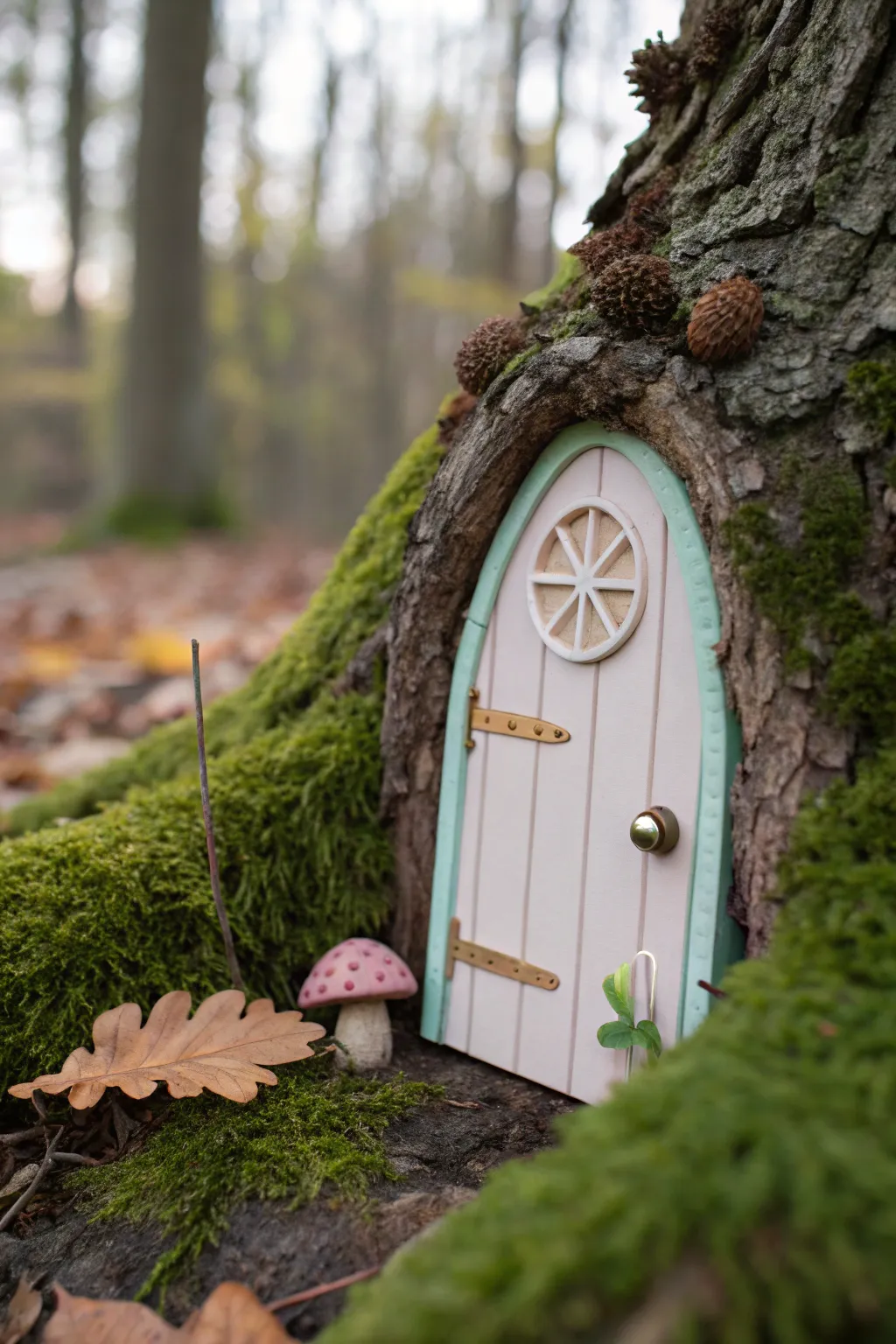 Unlock the magic of nature with a charming acorn knob fairy door.