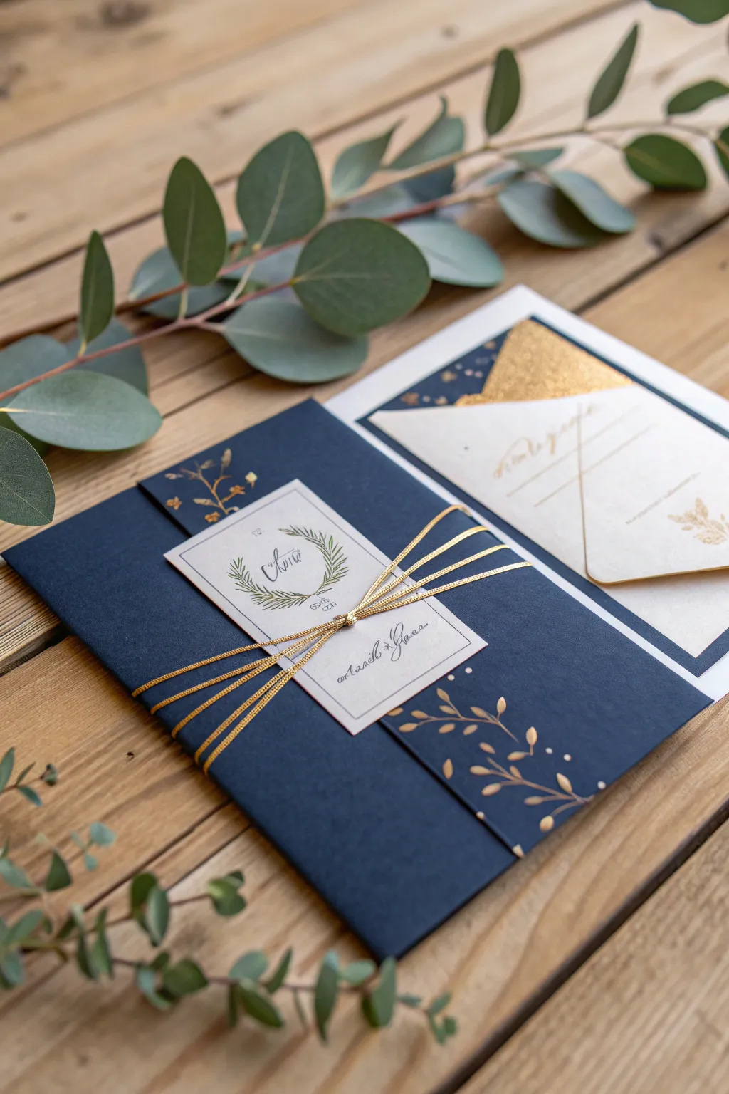 Make a statement with navy accents and chic metallics in your invitations.