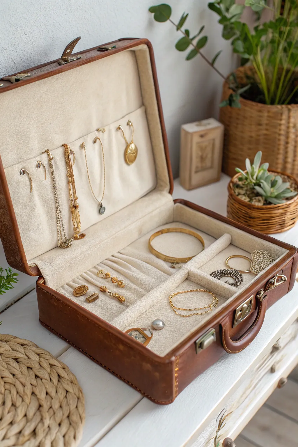 Turn vintage charm into a showcase of style with this suitcase jewelry display idea.