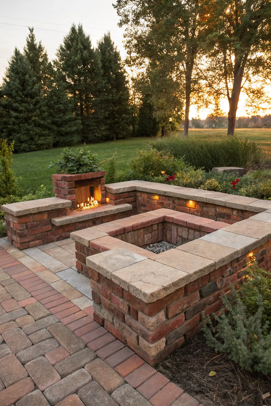 Embrace the warmth of craftsmanship with this stunning square brick fire pit and built-in bench seating, perfect for unwinding outdoors.