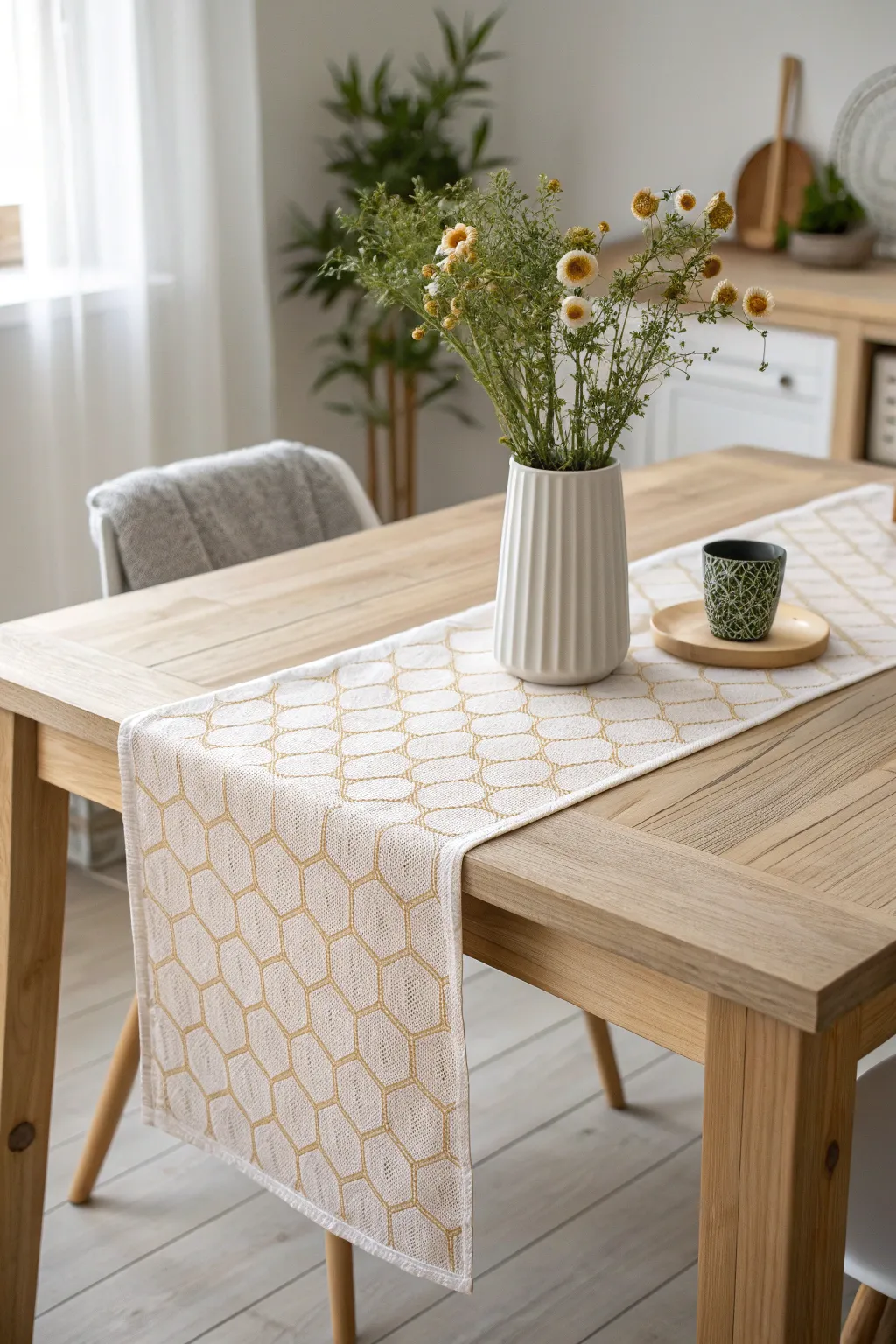 Elevate your dining space with the natural charm of a honeycomb-patterned table runner, perfectly blending simplicity and elegance.