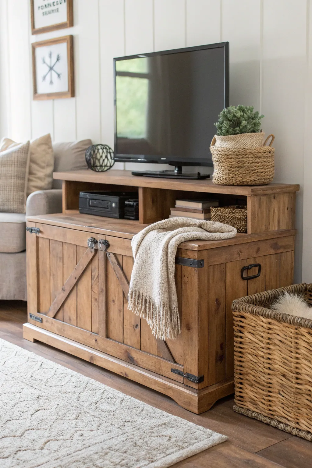 Transform your living space with a rustic hope chest as a chic TV stand, combining storage and style effortlessly.