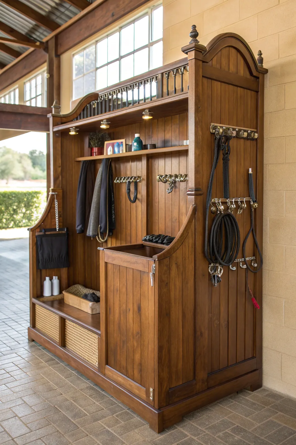 Elevate your horse wash stall with expertly crafted storage solutions that combine functionality with timeless elegance.