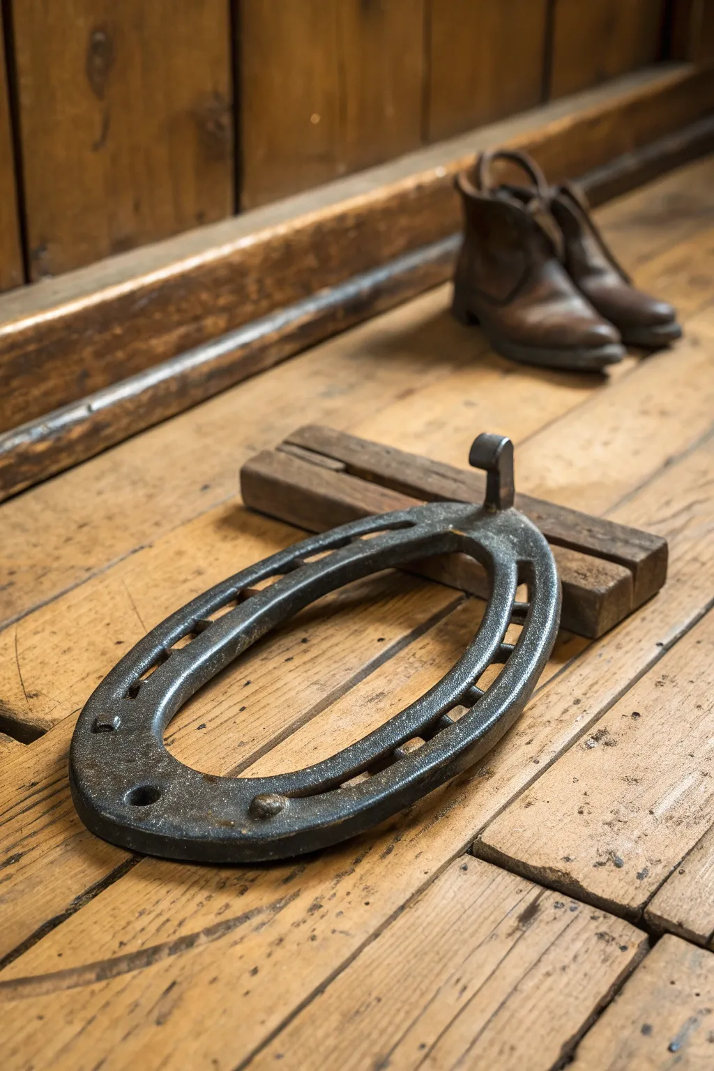 Elevate your mudroom with the rustic elegance of a handcrafted horseshoe boot jack.