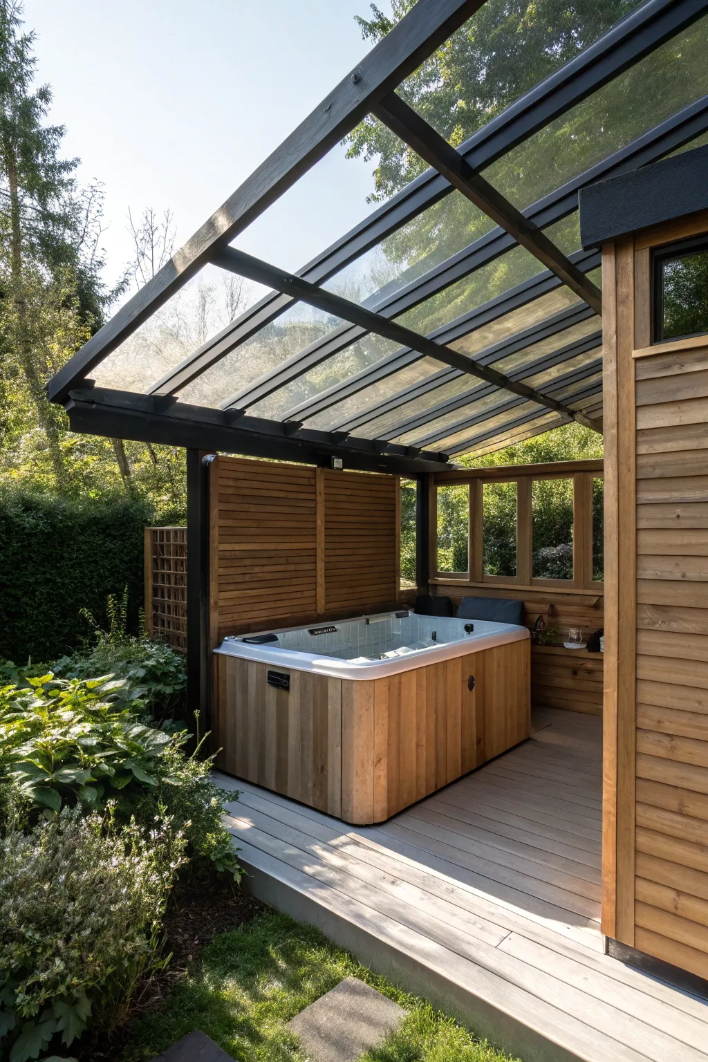Experience the serene blend of craftsmanship and comfort with a stylish hot tub shed, perfect for any season.