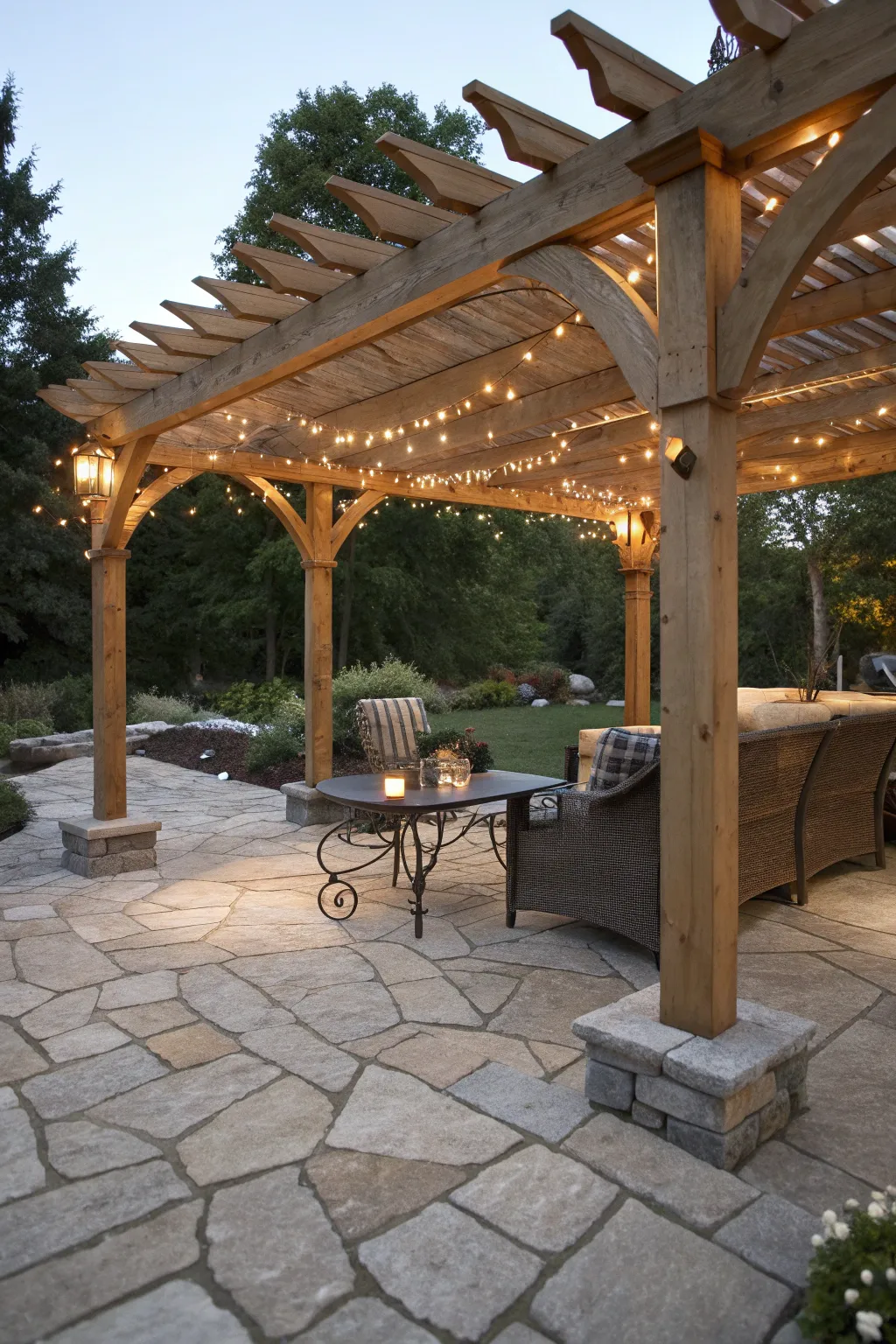 Transform your patio into a cozy retreat with a handcrafted pergola and ambient lighting.