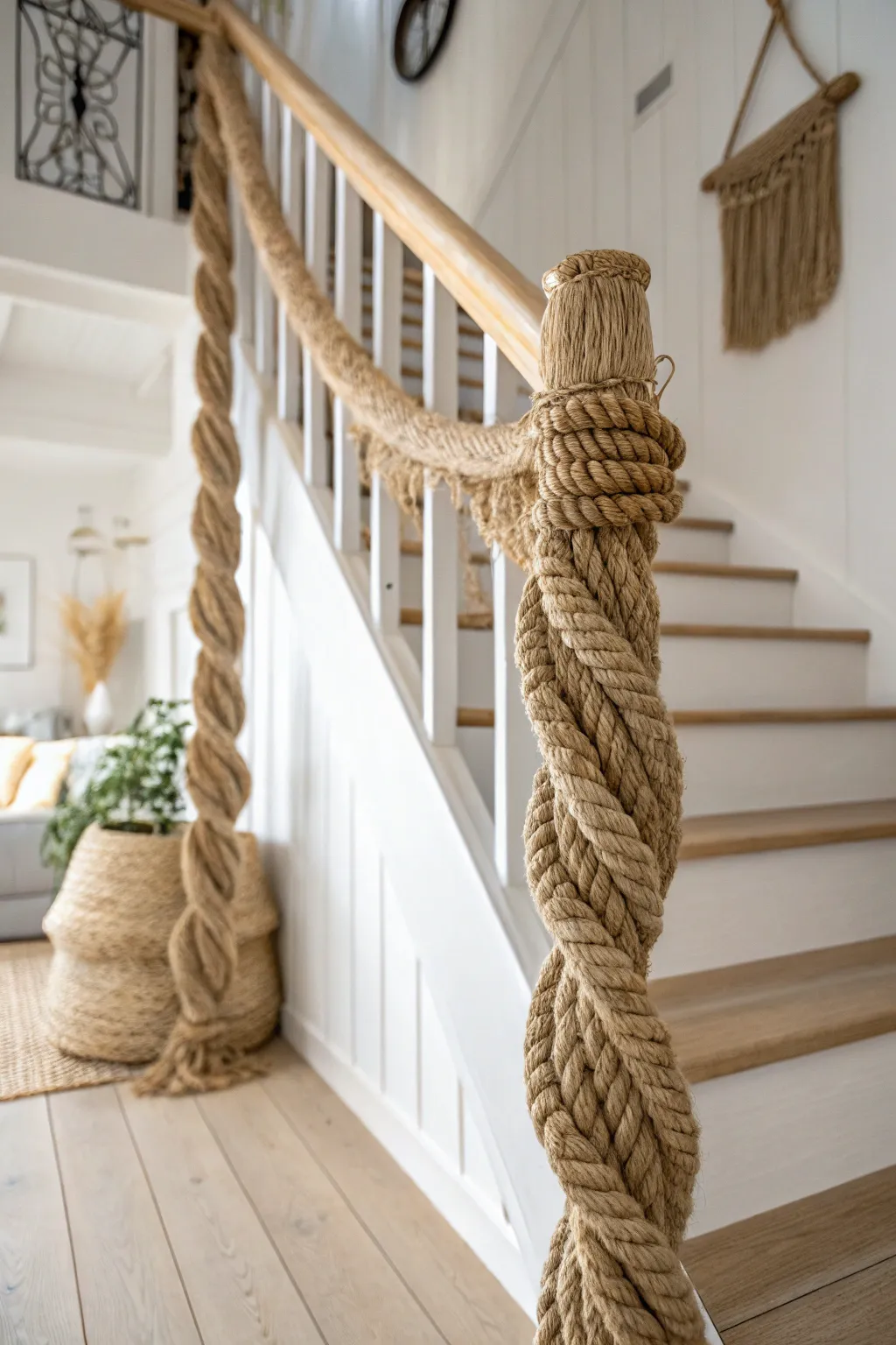 Add a rustic touch to your stairs with handcrafted rope accents for a cozy, nautical vibe.