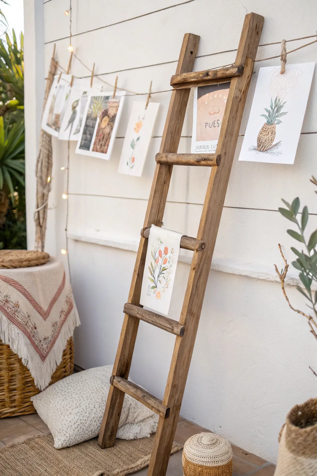 Elevate your space with a creative ladder art display – where minimalism meets boho charm.