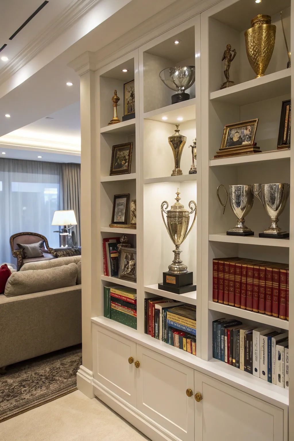 Trophies integrated into a home decor setup.