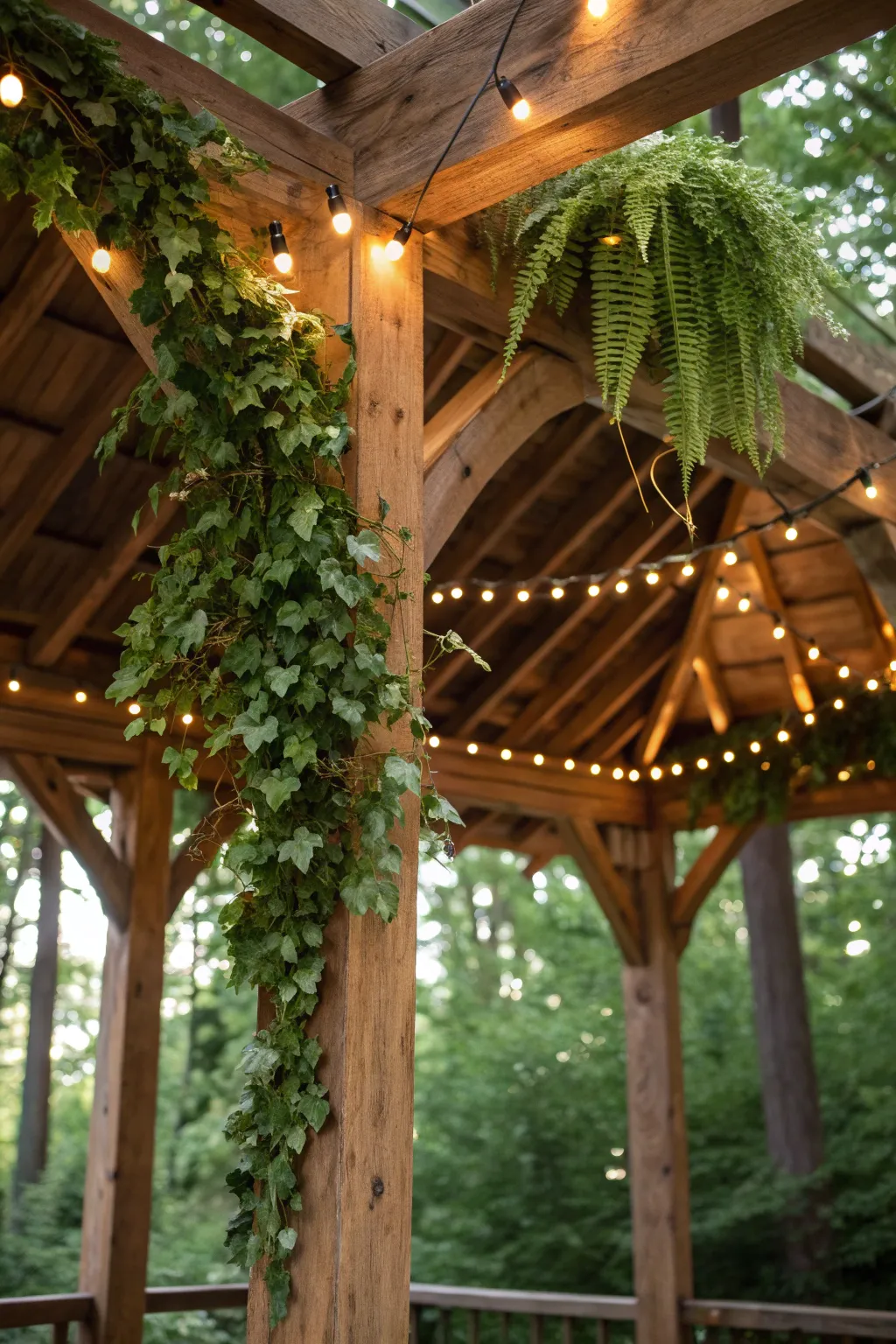 Illuminate your gazebo with nature's touch: a perfect blend of light and greenery.