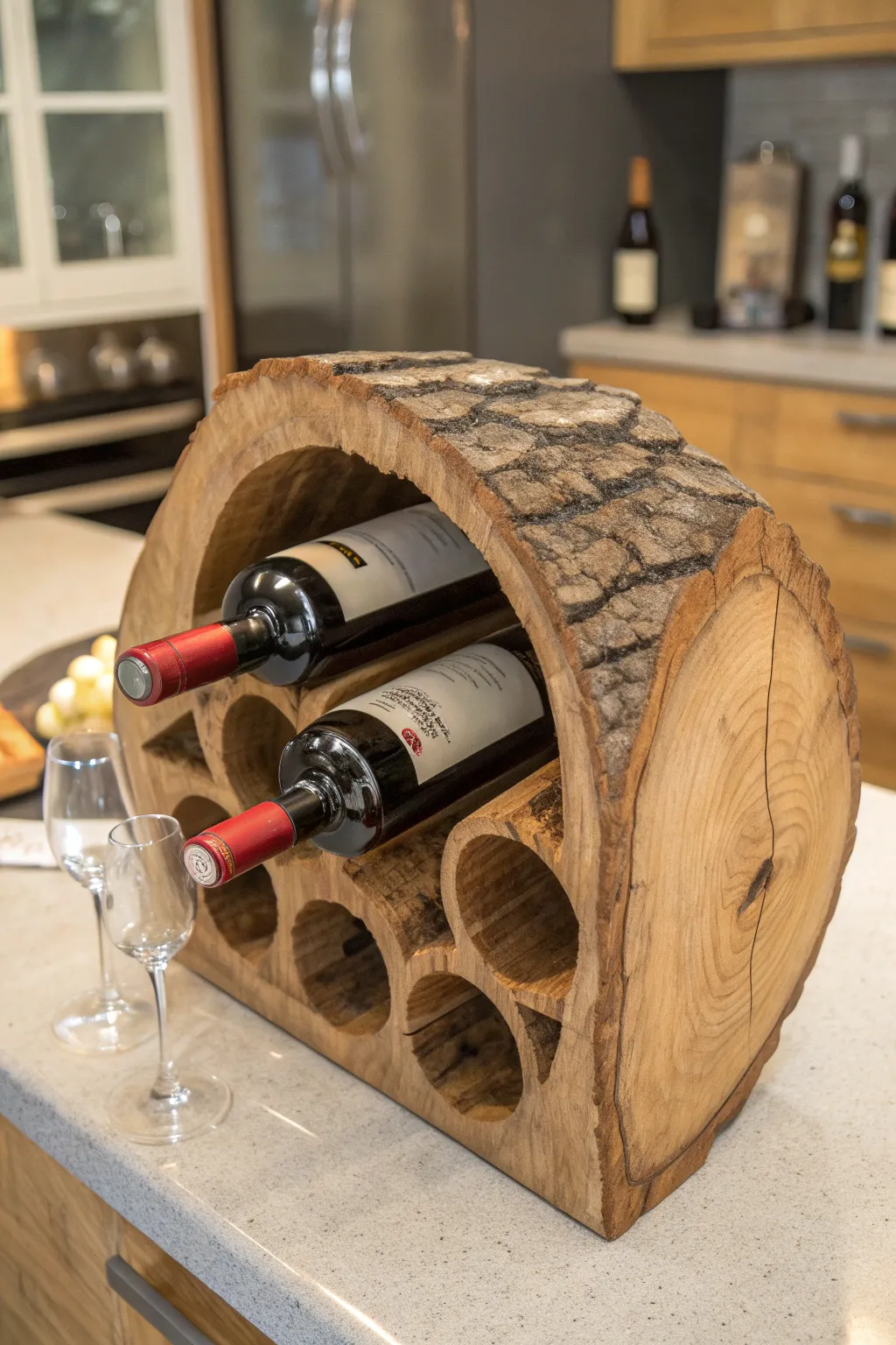 Rustic elegance meets functionality: A handcrafted log wine rack centerpiece.