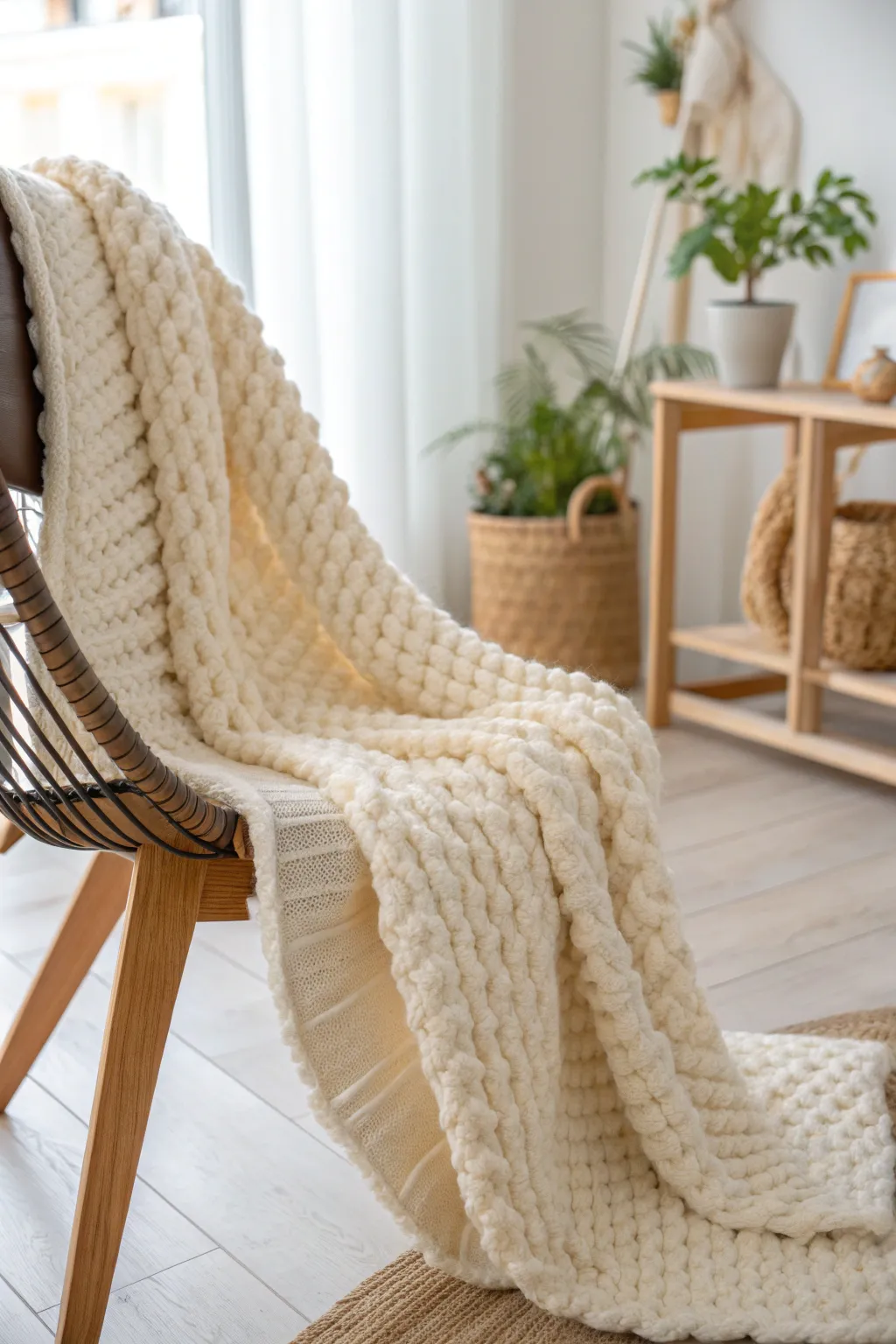 Embrace the art of simplicity with a cozy, hand-knit loop yarn blanket.