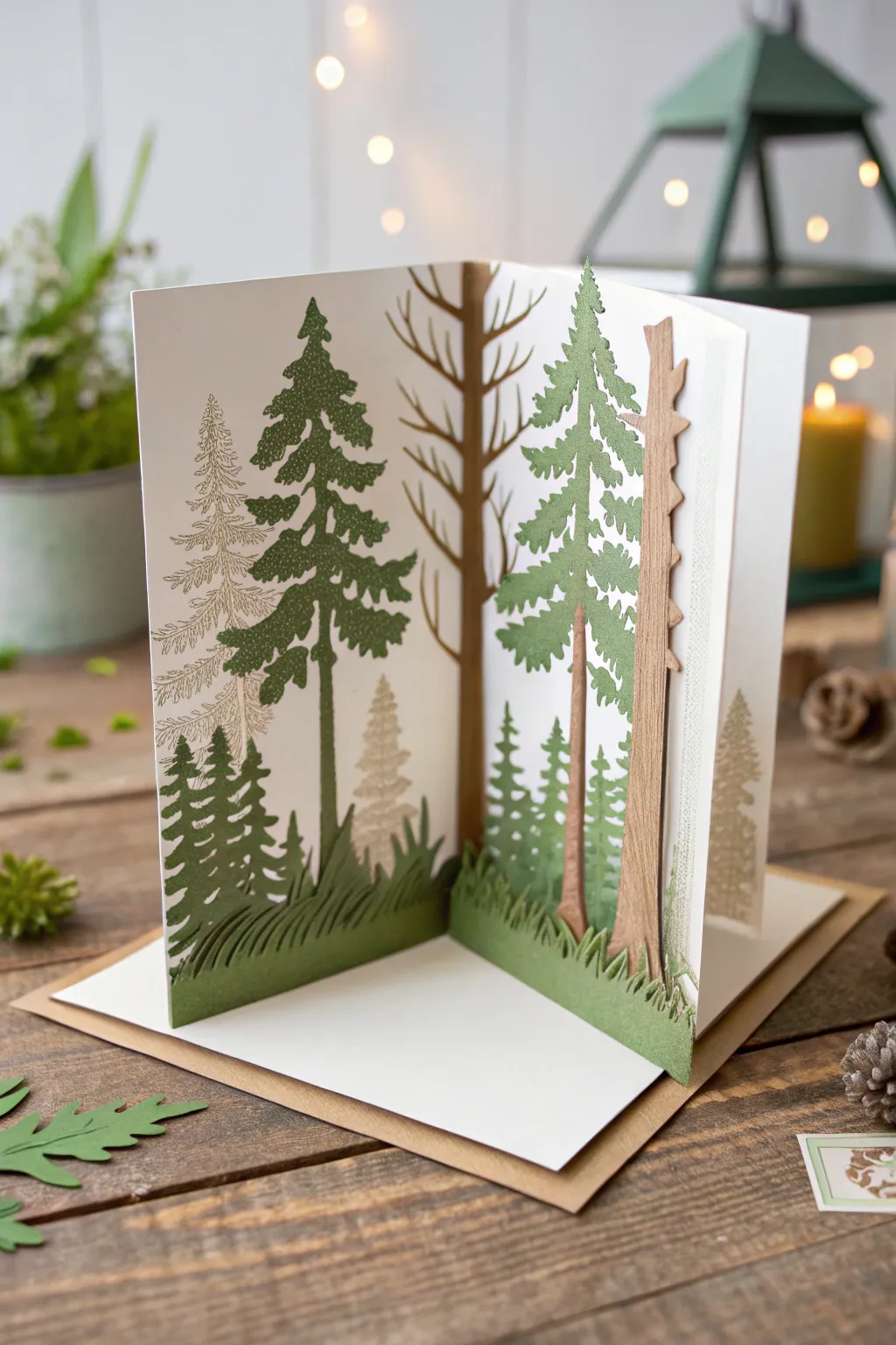 Unfold tranquility with this stunning pop-up forest card, a perfect blend of nature and minimalist design.