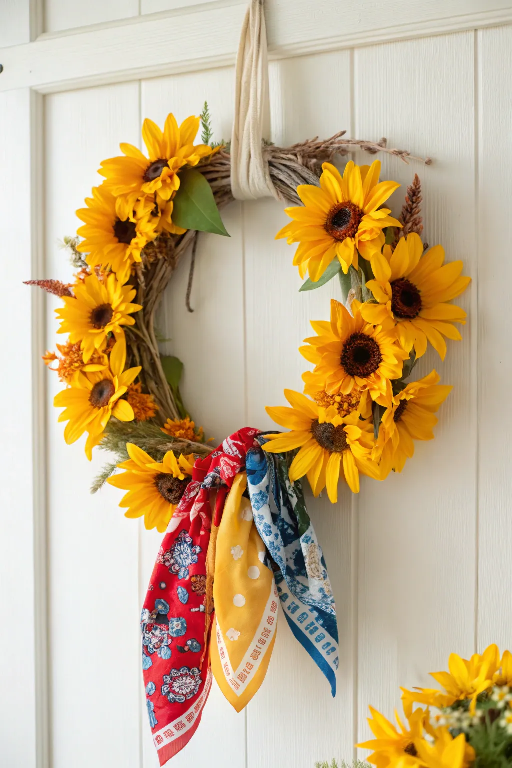 Embrace summer vibes with a Sunflower Bandana Wreath - a perfect blend of minimalist elegance and boho charm.