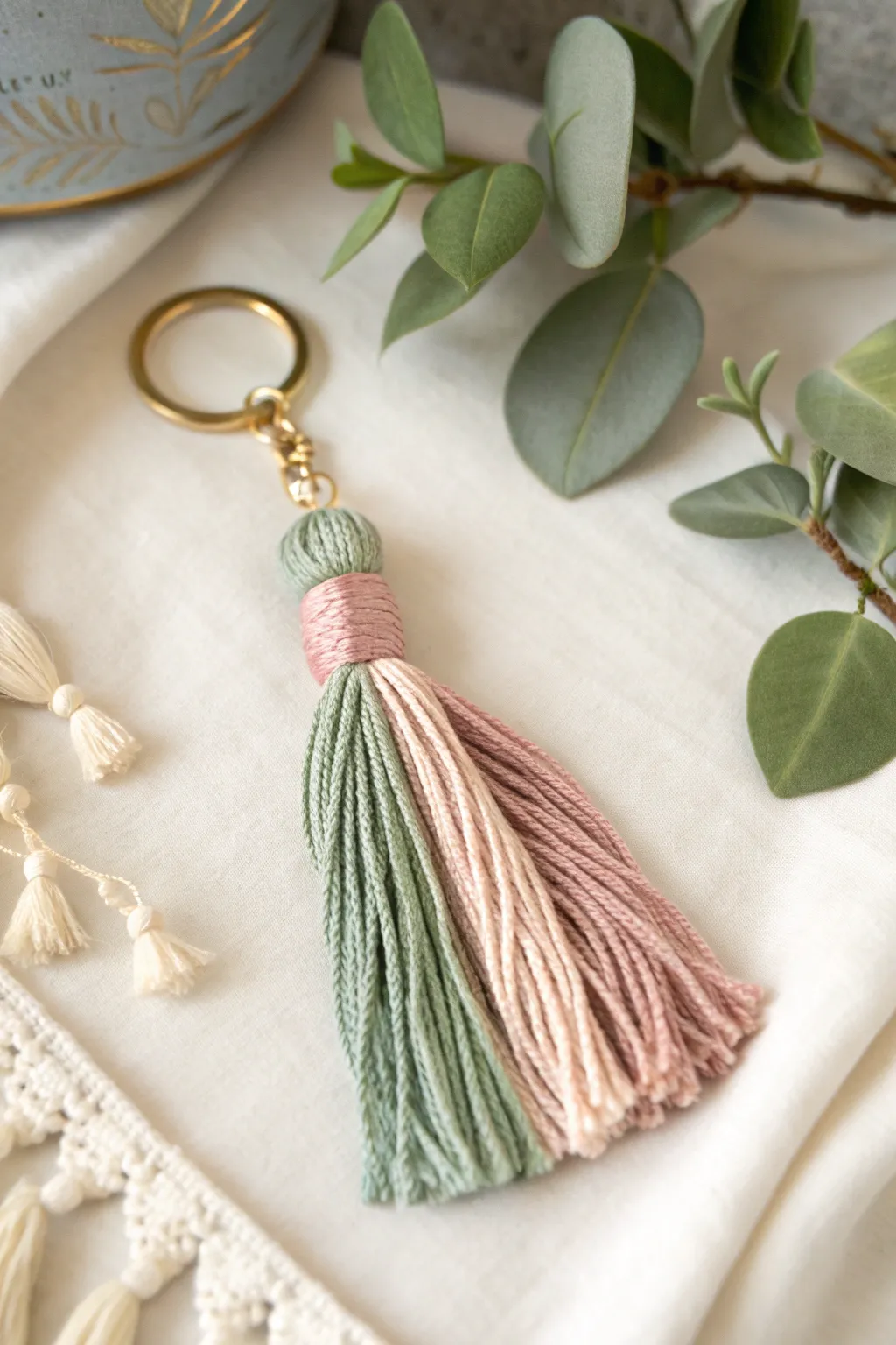 Add a touch of handcrafted elegance to your keys with this minimalist tassel keychain.