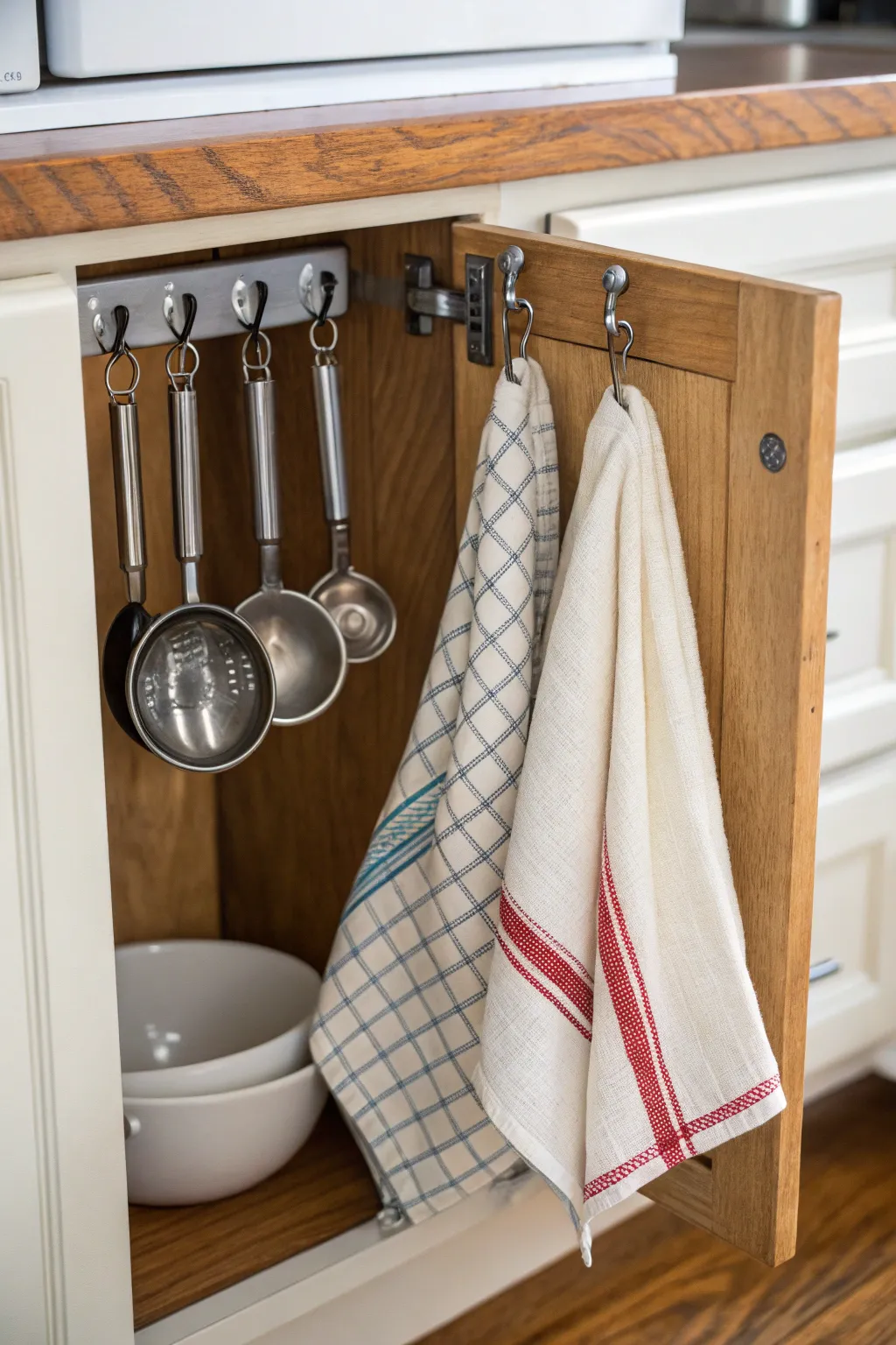 Hooks inside cabinet doors provide additional storage space.