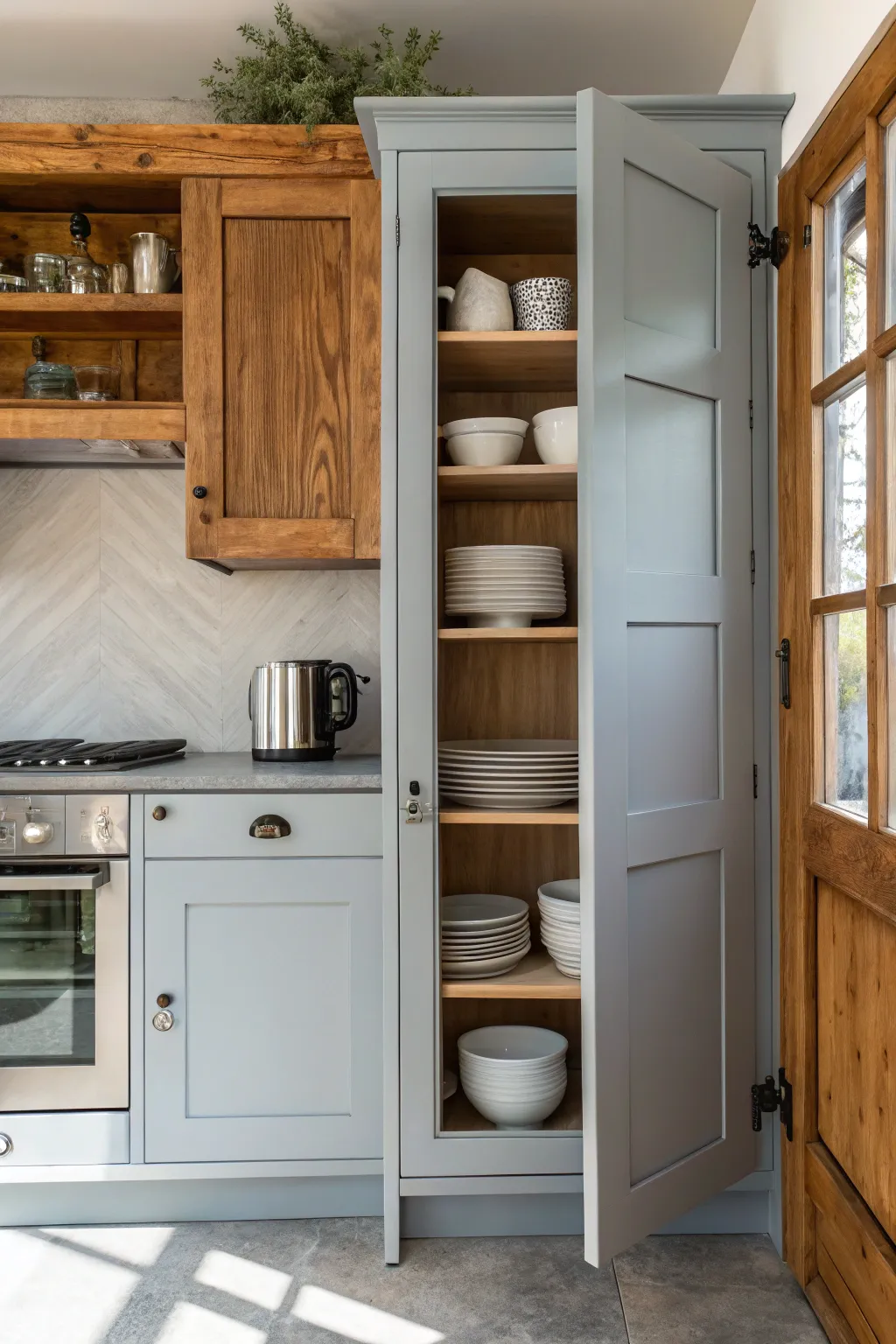 Transform your kitchen with elegant gray cabinets that blend minimalist design with bohemian charm.