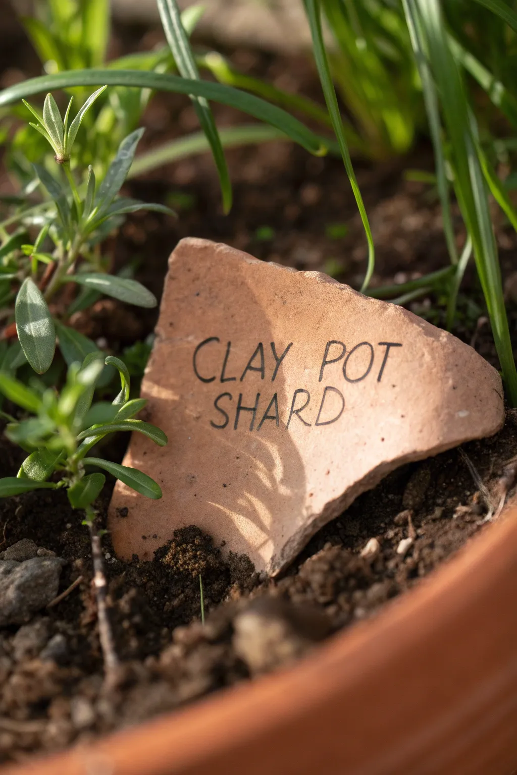 Transform broken pottery into charming plant markers for a touch of elegance in your garden.