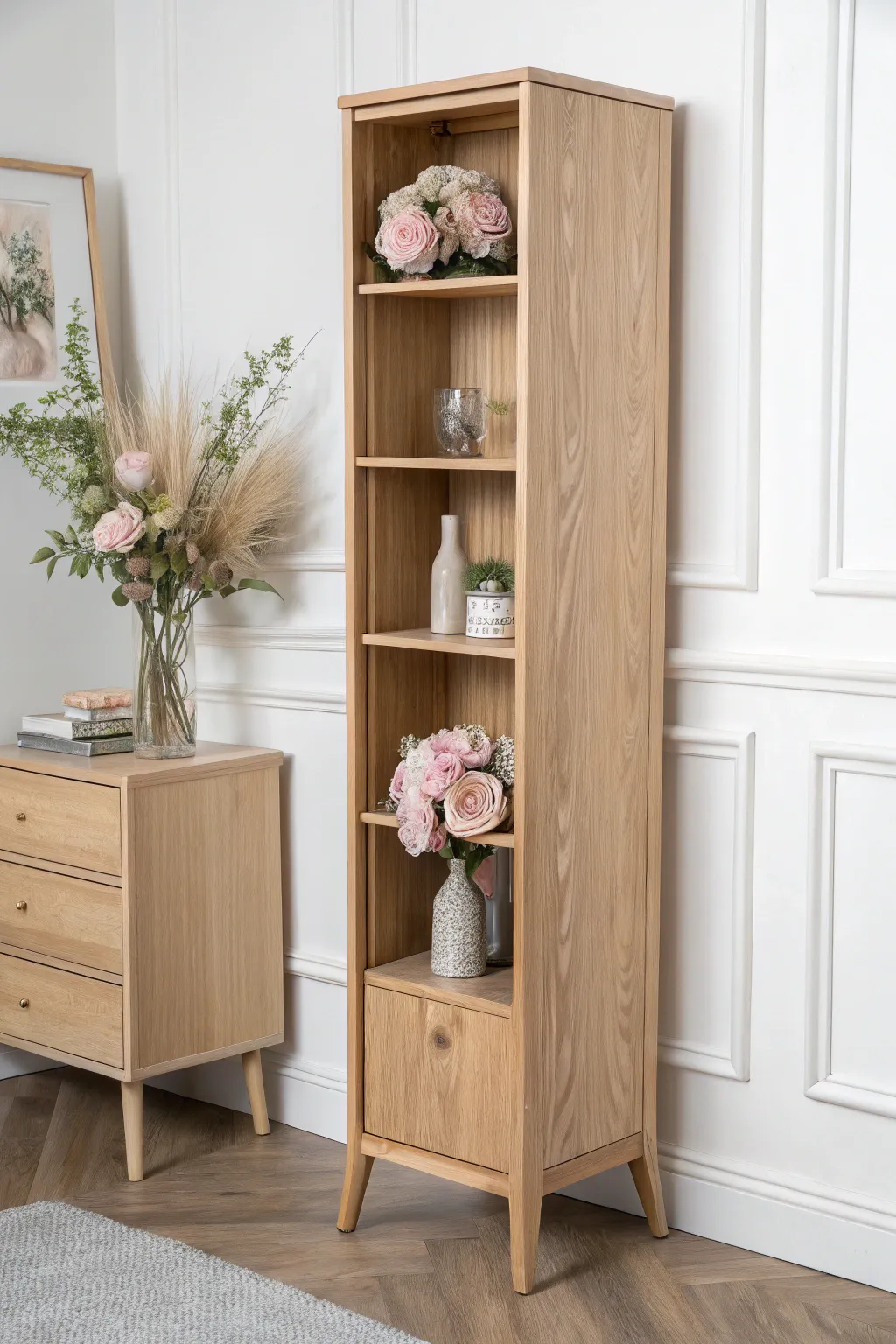 Elevate your space with stylish vertical storage for a clutter-free, elegant display of your faux floral collection.