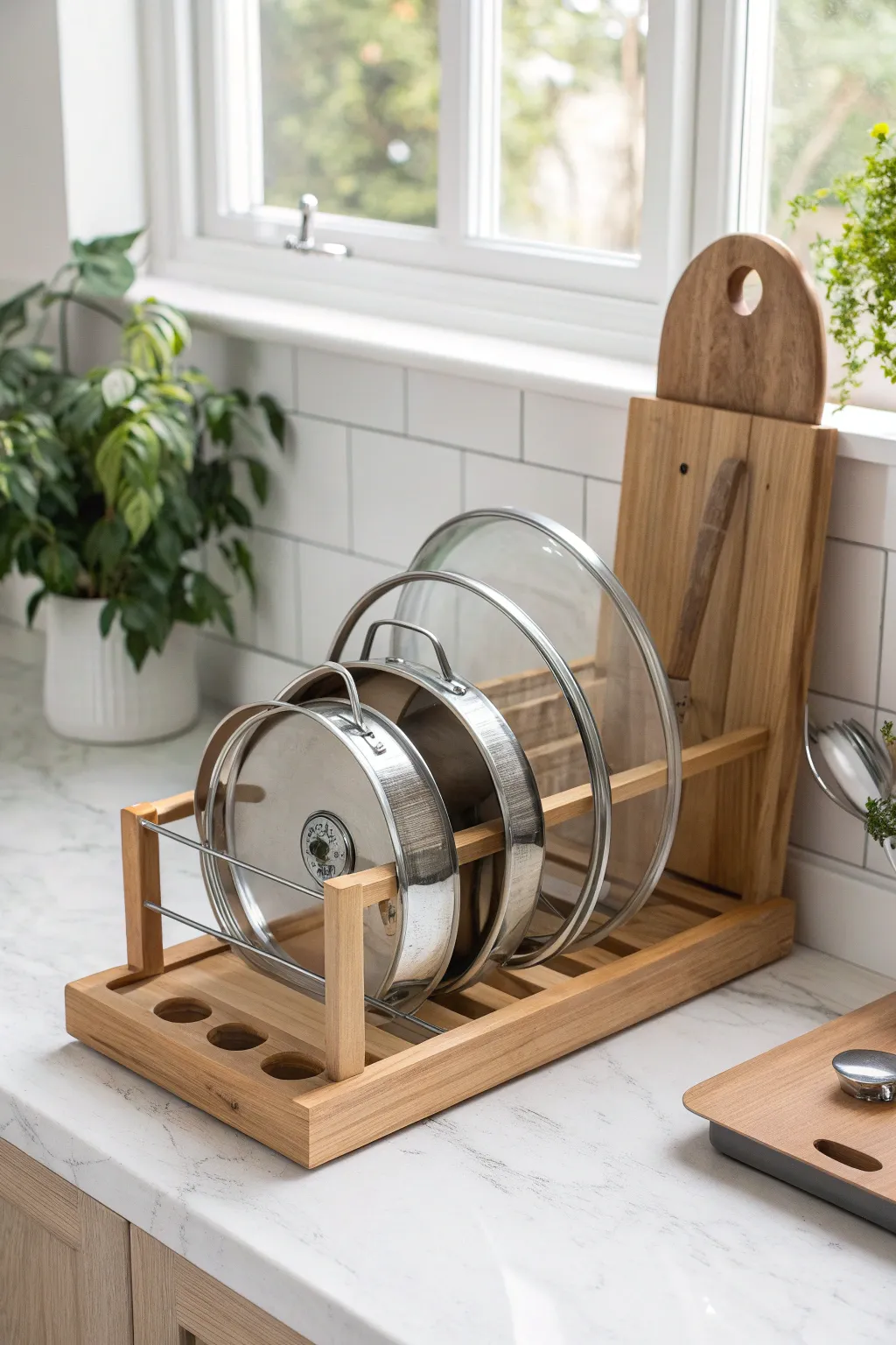 Effortlessly organize with Scandinavian elegance: an adjustable pot lid organizer tailored for your space.