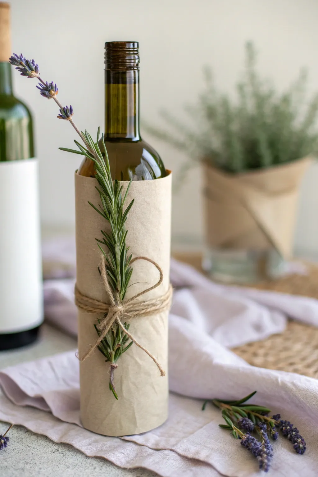 Embrace the art of simplicity with nature's touch – a beautifully wrapped wine bottle that delights the senses.