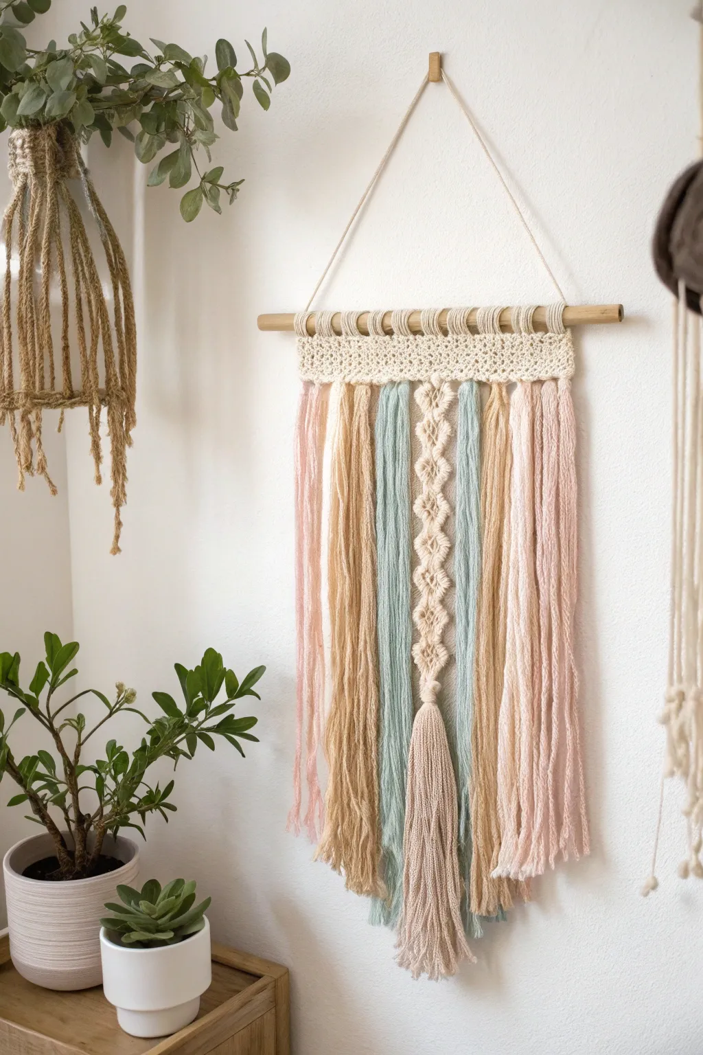 Transform your space with a beautifully woven wall hanging made from upcycled fabrics, perfect for adding warmth and charm to any room.