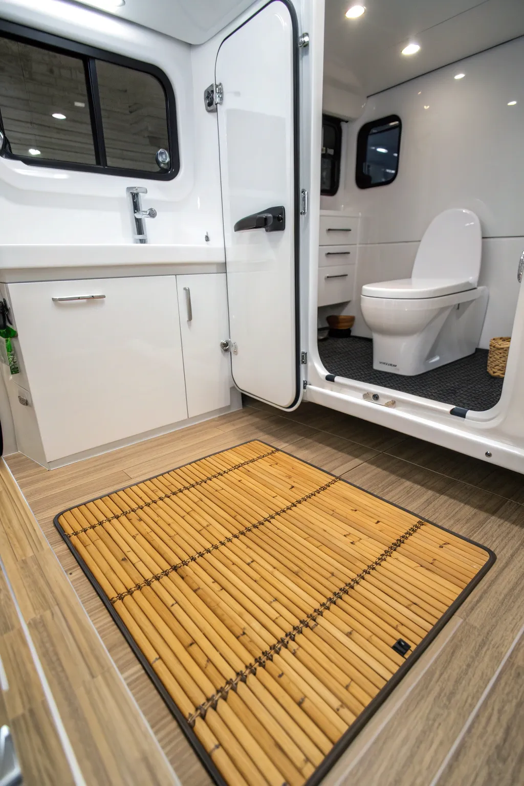 Transform your camper's bathroom into a serene spa escape with a touch of bamboo elegance.