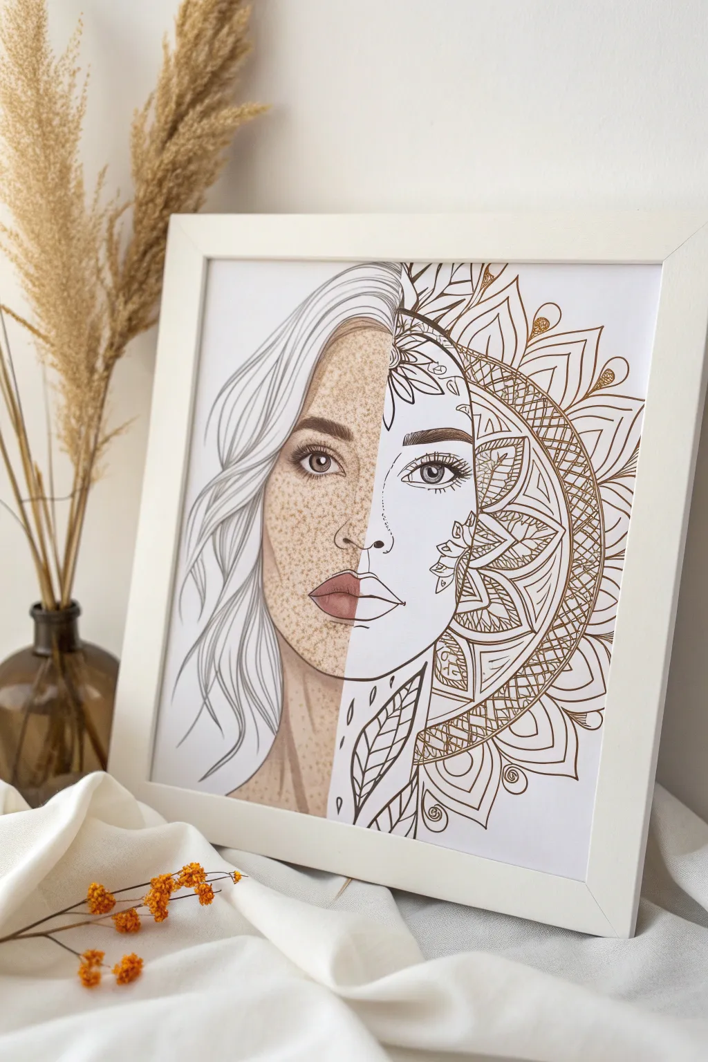 Explore the duality of identity with a blend of realism and abstract art. #MinimalistBeauty #ScandiBoho