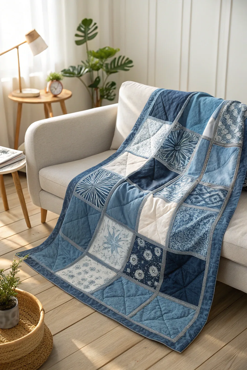 Embrace cozy sophistication with a denim quilt that adds a touch of boho charm to your minimalist living space.